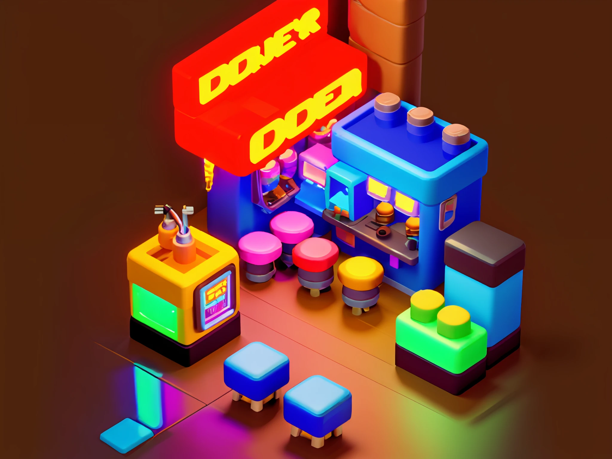 masterpiece, best quality, toon,3d, cyberpunk, arcade, bar, coffee shop