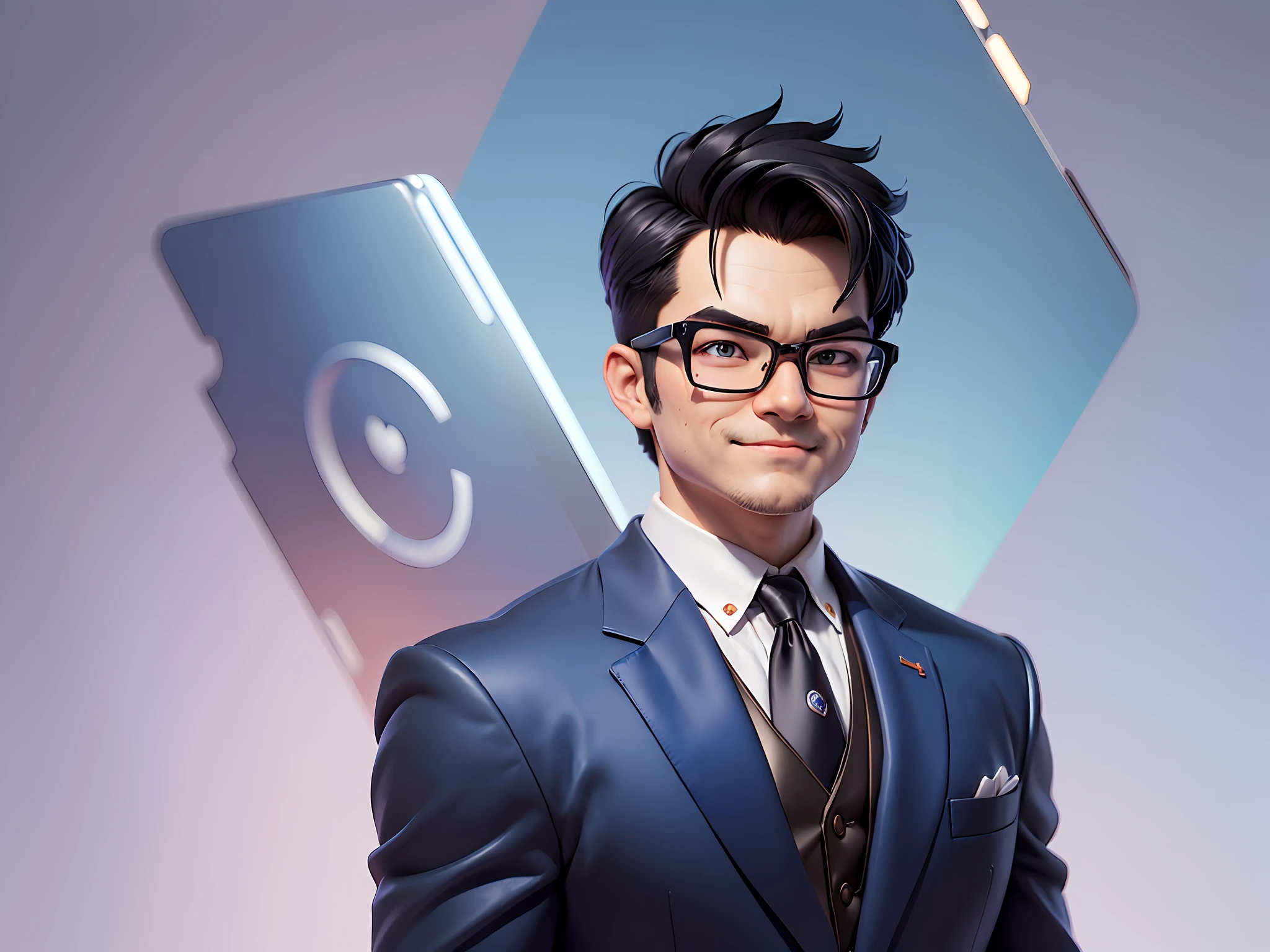 (((Masterpiece), (Excellent), (Super Meticulous), (Full Body: 1.2), Super Young Man, Oriental Face, Japanese Wind and Thunder God, Dragon, Tiger, TV Anchor, Bust Portrait Illustration, Alone, Black Formal Suit, Blue Tie, Slightly Chubby Face, Silver Glasses Face Very Clean No Beard, Black Super Short Hair, Black Eyes, Confident Smile, 3c Computer Sub-Products, iPad, iPhone, Digital Painting, 3D Character Design by Akira Toriyama and Mark Claireden and Pixar and Hayao Miyazaki, The illustration is a high-definition illustration in 4K resolution with very detailed facial features and cartoon-style visuals.