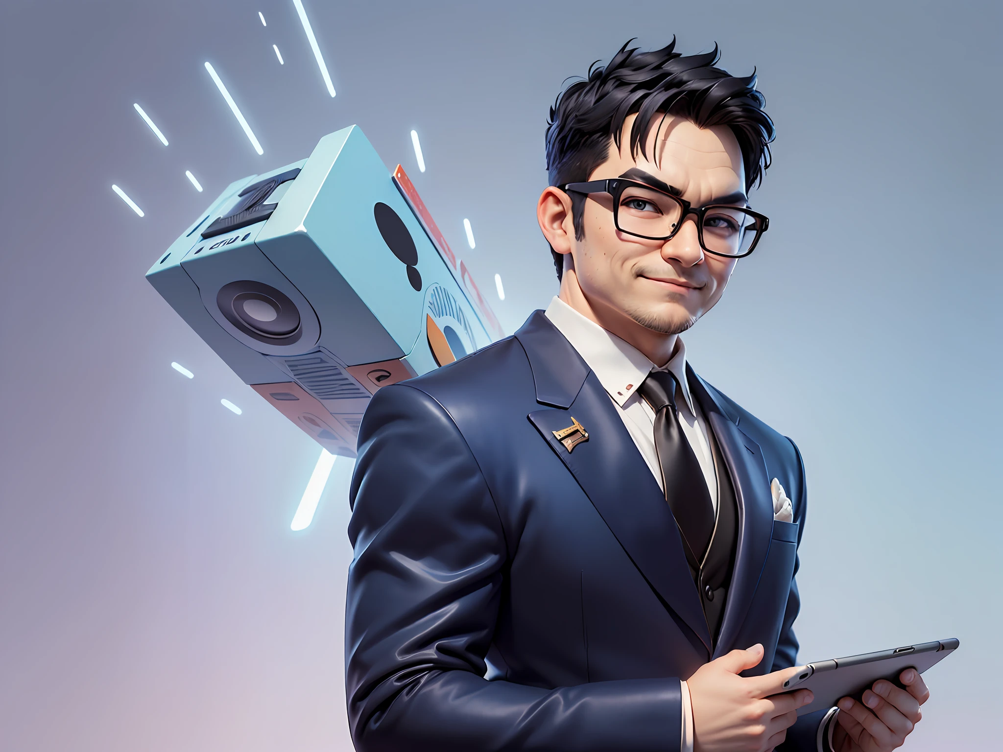 (((Masterpiece), (Excellent), (Super Meticulous), (Full Body: 1.2), Super Young Man, Oriental Face, Japanese Wind and Thunder God, Dragon, Tiger, TV Anchor, Bust Portrait Illustration, Alone, Black Formal Suit, Blue Tie, Slightly Chubby Face, Silver Glasses Face Very Clean No Beard, Black Super Short Hair, Black Eyes, Confident Smile, 3c Computer Sub-Products, iPad, iPhone, Digital Painting, 3D Character Design by Akira Toriyama and Mark Claireden and Pixar and Hayao Miyazaki, The illustration is a high-definition illustration in 4K resolution with very detailed facial features and cartoon-style visuals.