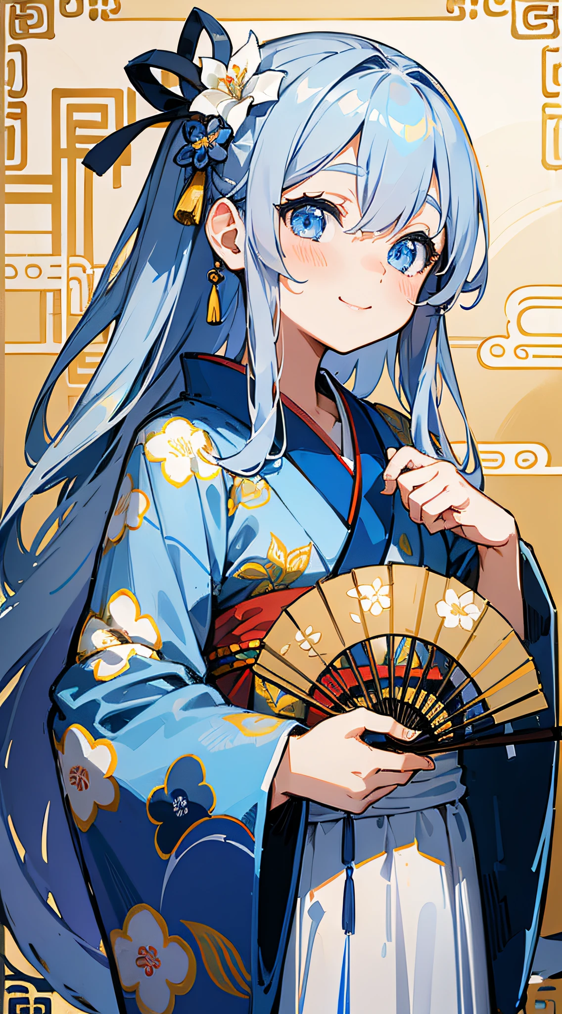 Masterpiece, superlative, super high resolution, cute girl, half-body, ancient Chinese style, gray long hair, blue kimono, flower embellishment, blue eyes, hairpin, cute little li, cute cute cute, thick paint, gentle smile, holding a fan
