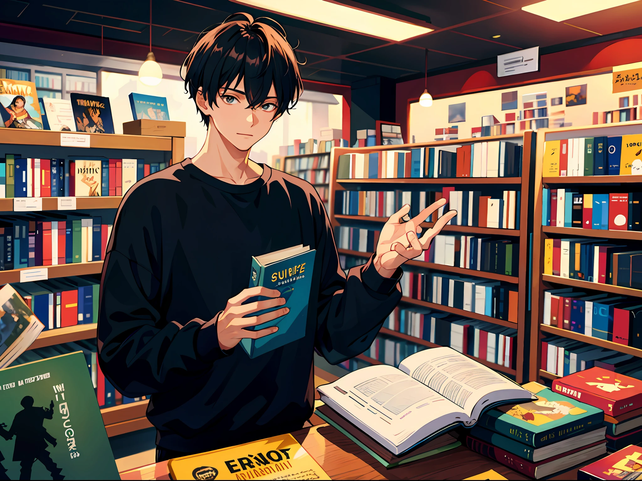 HD clear, best images, illustration quality, super detailed, a young man in a black casual sweatshirt, buying books in a bookstore, bright background