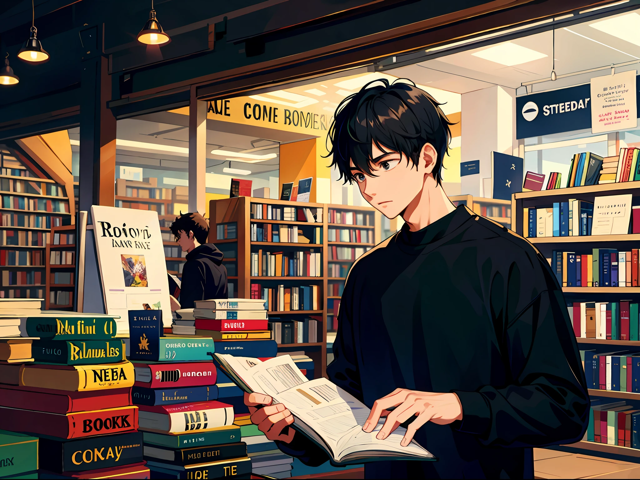 HD clear, best images, illustration quality, super detailed, a young man in a black casual sweatshirt, buying books in a bookstore, bright background