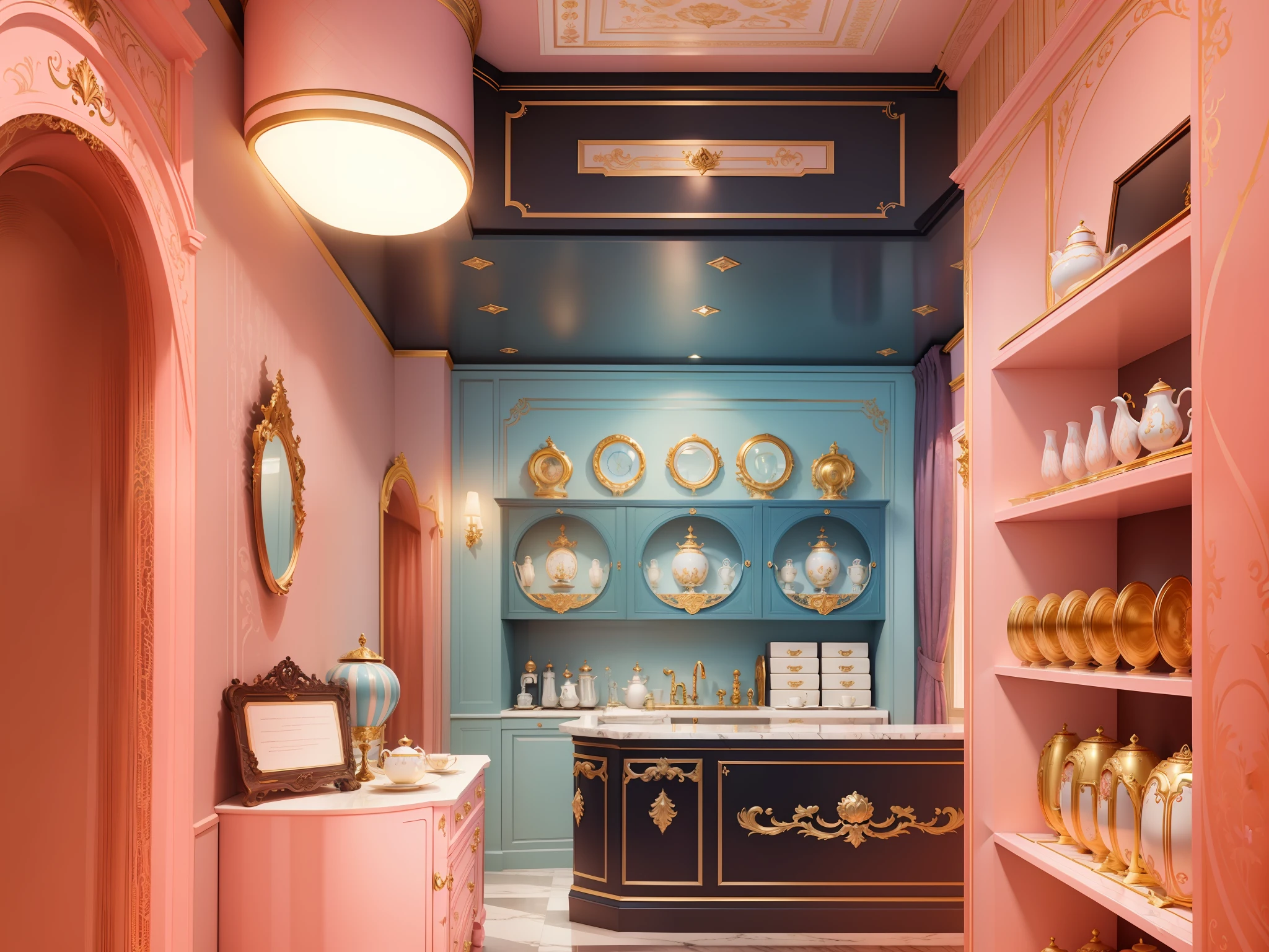 French style, Rococo space color matching, Rococo style, main color pink, auxiliary color blue, background color navy, selling tea set, European line, gold, realistic, rendering commercial space --auto --s2
