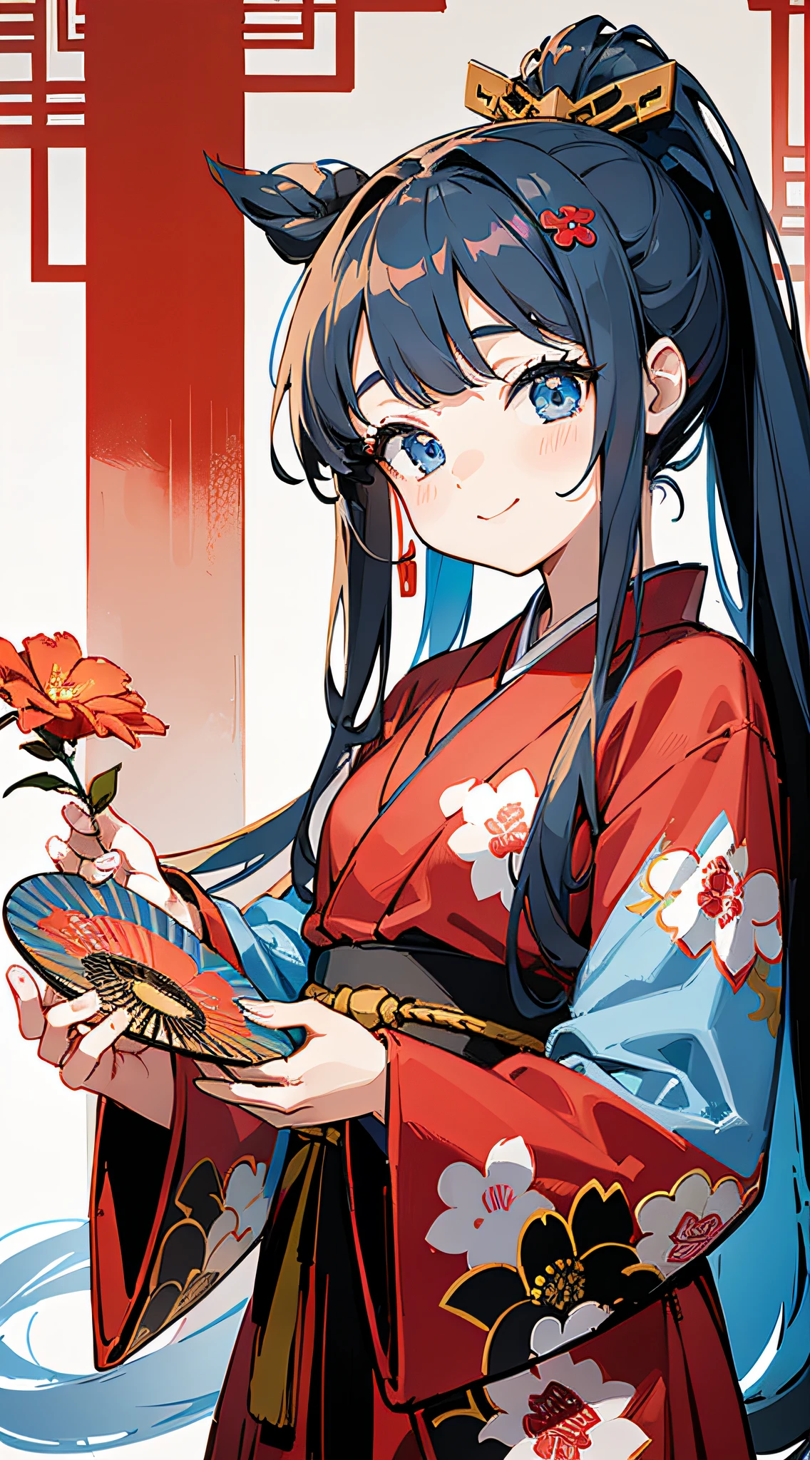 Masterpiece, super-high-resolution, cute girl, half-body, Chinese ancient style, gray long hair, red kimono, flowing long hair, double ponytail, flower embellishment, blue eyes, hairpin, cute little loli, cute cute cute, thick paint, gentle smile, holding a fan