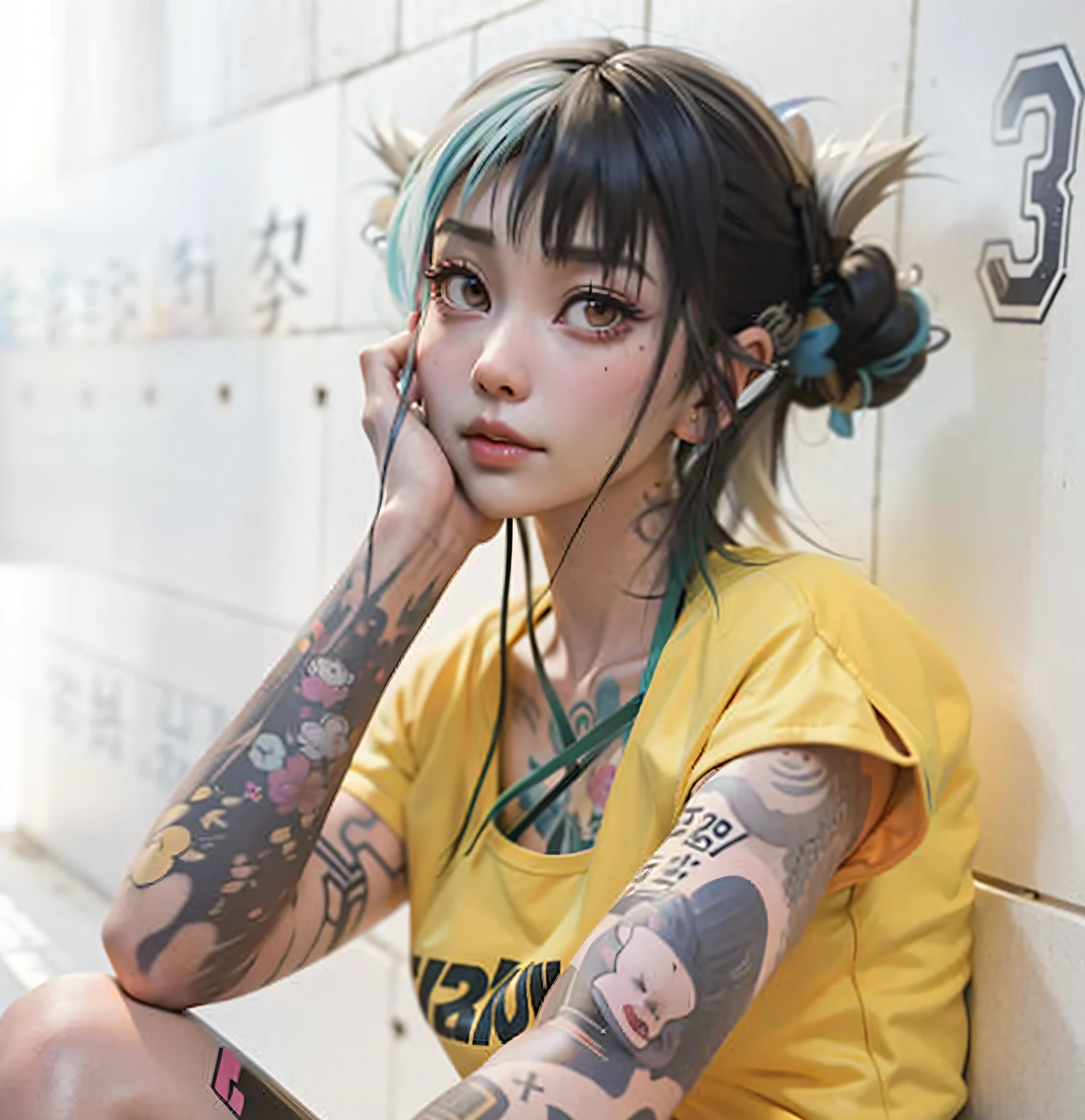 arafed woman with tattoos sitting against a wall with headphones, of taiwanese girl with tattoos, pigtails hairstyle, two color hair, colorful pigtail, twintails hairstyle, she looks like a mix of grimes, short pigtails hair, cyberpunk dyed haircut, yakuza slim girl, style of junji ito, with pop punk style, looks a blend of grimes