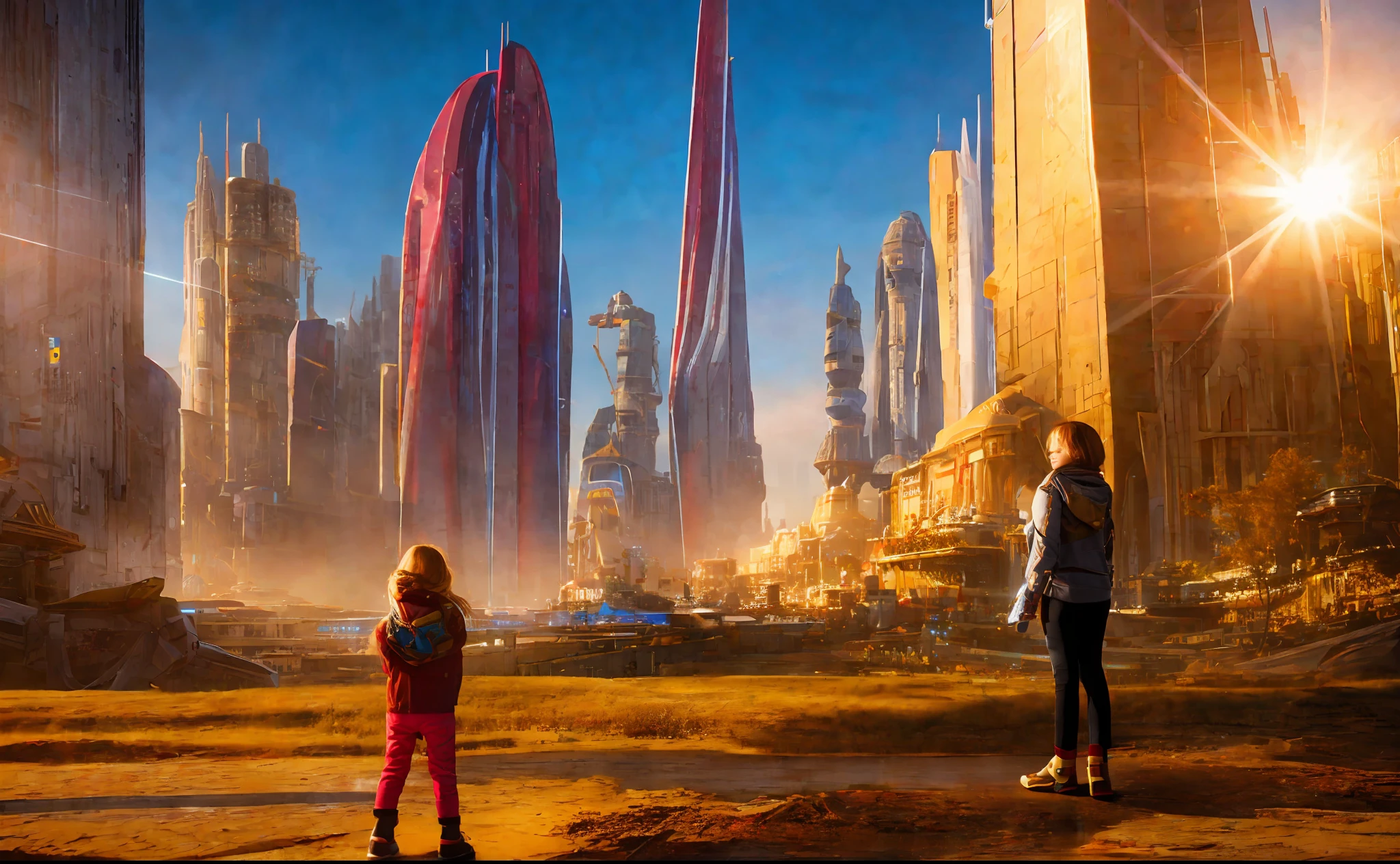 girl with boy on city background, style, Sidon, golden rays light, golden flashes, futuristic sci-fi city landscape, sci-fi, ultra-realistic, high resolution, city