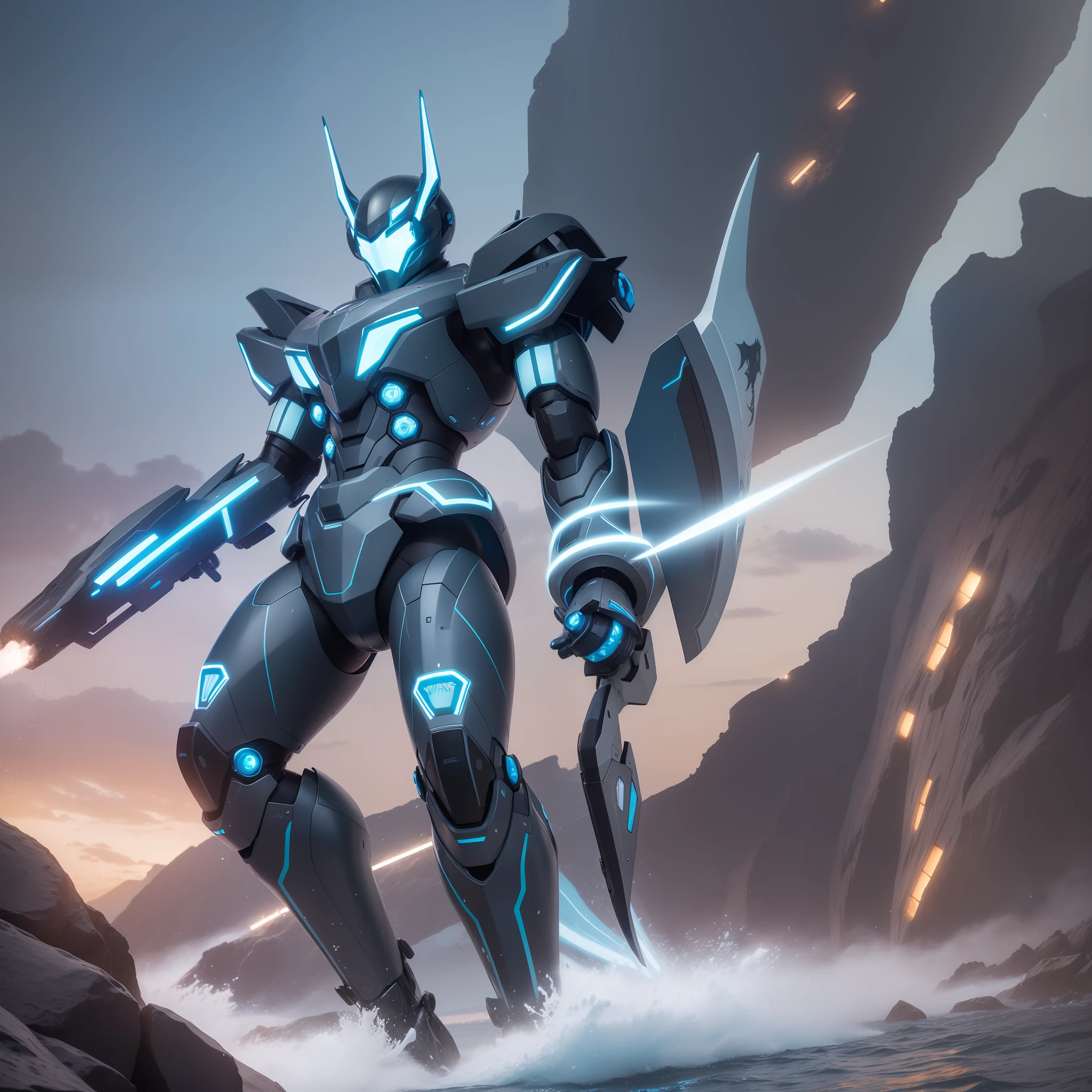 Name: Poseidon Power Series Appearance: The mecha appearance design uses blue and silver as the main colors, presenting a mysterious and imposing feeling. The mech head is designed to resemble the shape of the Poseidon head, with eye-like lights on the sides. The mech chest is shaped like armor, with silver decorations and lighting. Mech limbs are designed to resemble the shape of a sea god, complete with blue decorations and lights. The back of the mech is equipped with armor similar to a fin. Abilities: The Poseidon Force series of mechs has powerful attack and defense capabilities and can perform combat missions underwater and on land. The mech is equipped with advanced underwater thrusters and oxygen supply systems for efficient operations underwater. The mech is also equipped with powerful weapon systems, including torpedoes and missiles, for highly effective strikes against enemy targets. The mech's shield system effectively reduces attacks from enemy opponents while also possessing powerful counterattacks