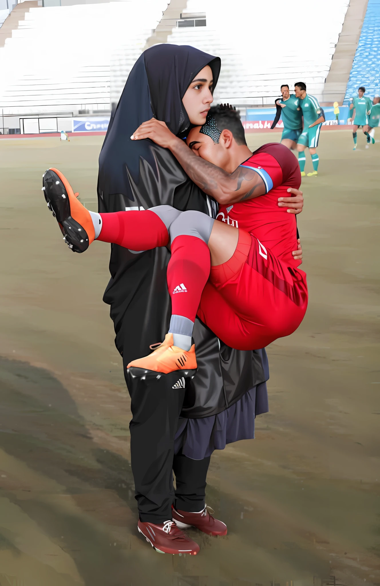 girl in a wet hijab, girl in a shiny black hijab, girl in a shiny satin hijab, girl in a black hijab, crying girl, rainfall, rainy weather, thunderstrorm, girl in tears, pityful pose, pietà pose, araffes in a black hijab is holding a soccer player, viral photo, hug, celebrate goal, miro petrov, impressive winning photo, hugging his knees, viral image, jamie reid, winning photo, celebration, very emotional, maxim shirkov, by Martin Benka, andrei tarkovski, sergey krasovskiy, award winning shot