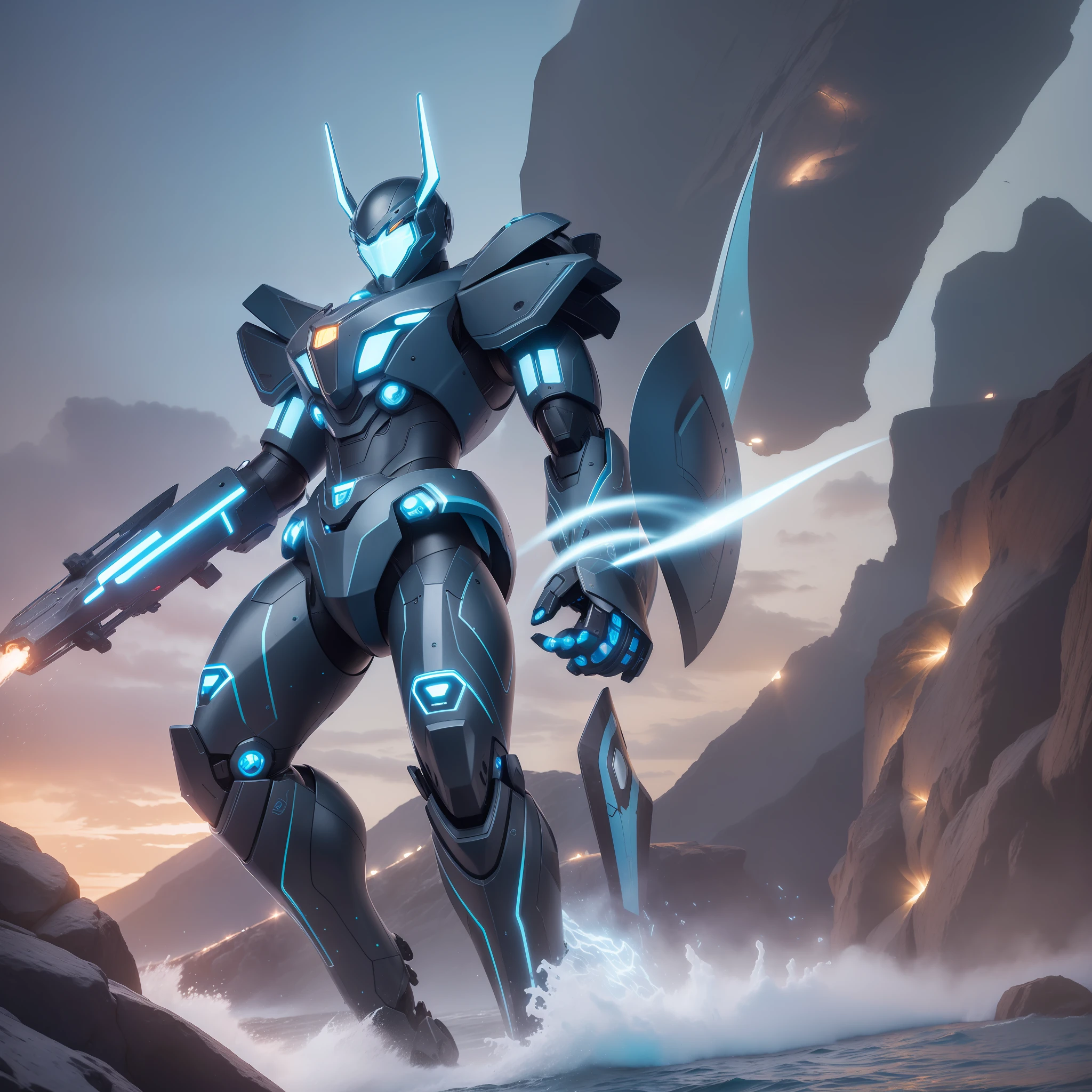 Name: Poseidon Power Series Appearance: The mecha appearance design uses blue and silver as the main colors, presenting a mysterious and imposing feeling. The mech head is designed to resemble the shape of the Poseidon head, with eye-like lights on the sides. The mech chest is shaped like armor, with silver decorations and lighting. Mech limbs are designed to resemble the shape of a sea god, complete with blue decorations and lights. The back of the mech is equipped with armor similar to a fin. Abilities: The Poseidon Force series of mechs has powerful attack and defense capabilities and can perform combat missions underwater and on land. The mech is equipped with advanced underwater thrusters and oxygen supply systems for efficient operations underwater. The mech is also equipped with powerful weapon systems, including torpedoes and missiles, for highly effective strikes against enemy targets. The mech's shield system effectively reduces attacks from enemy opponents while also possessing powerful counterattacks
