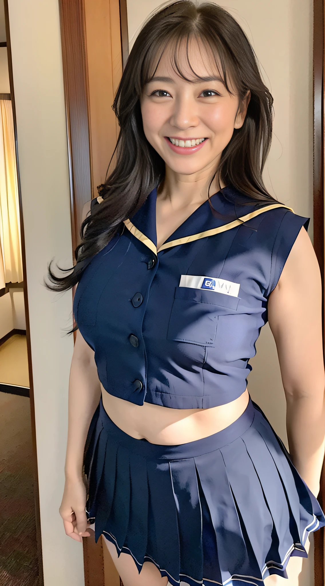 Real skin, photoreal, ((1 photo of only 1 person)) ((1 55-year-old Japan middle-aged woman)), (noticeable wrinkles at the corners of the eyes: 3), (noticeable wrinkles on tear bags: 3), (noticeable wrinkles around the eyes: 3), (noticeable wrinkles on the nape of the neck: 3), (noticeable nasolabial folds on the face and sagging and wrinkles on the face and body: 3), (uniform: 1.3), (middle-aged aunt wearing school uniform,, (navy blue pleated skirt))), Fat system, belly bulging (middle-aged fat: 3), big, ((Gravure photo of a beautiful 55-year-old Japan woman posing for a photo standing smiling in a hotel room in a standard sailor suit of Japan)), (sexy face, sexy face, beautiful face), full body posing for photos, long curled hair, 55-year-old married woman, ((laughing wrinkles))