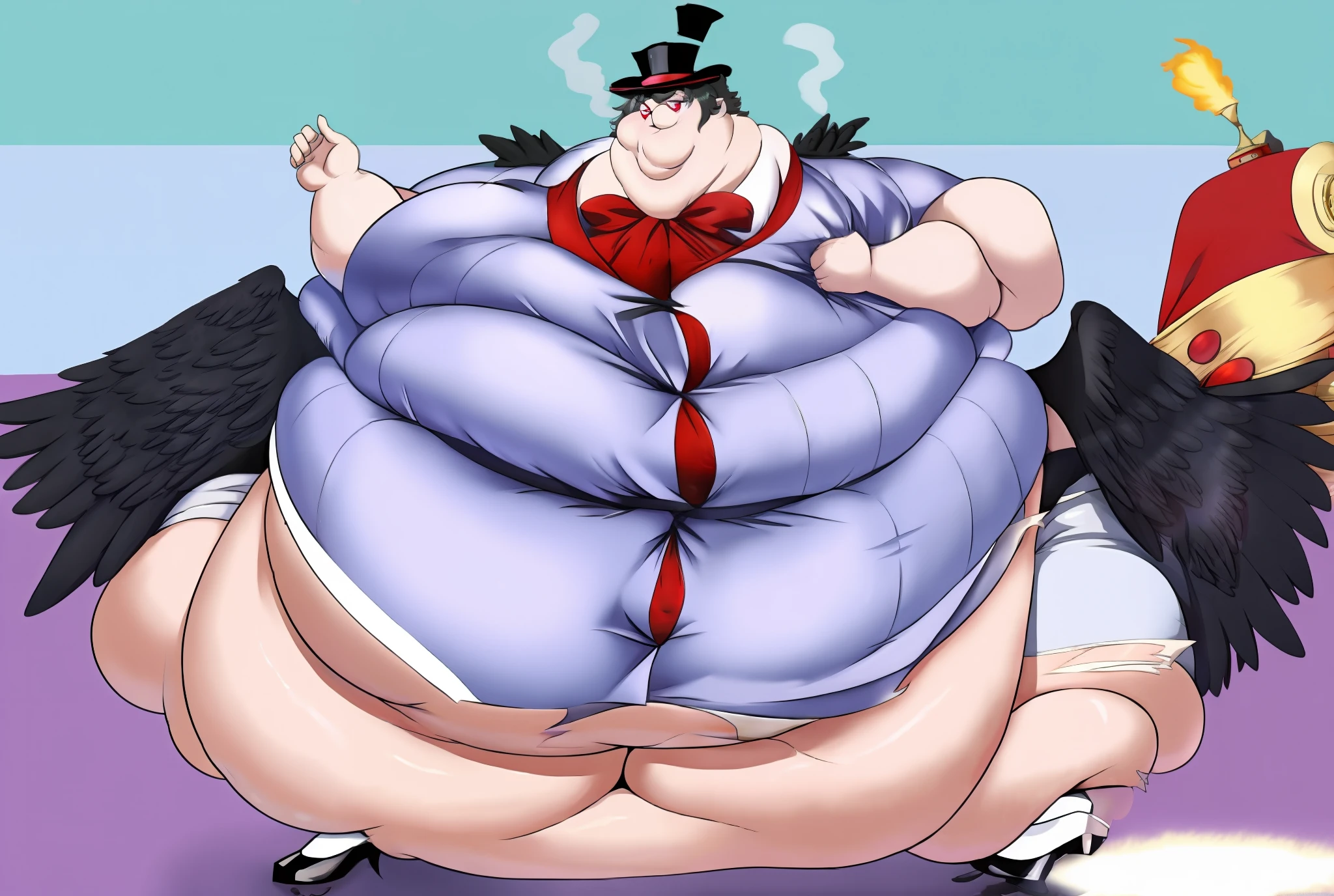 Anime styled picture of a fat young man on background (( stage)) proportionally enormous arms, closeup, hands out performing body pose!, thicc, most strongest pose, enormous hands, fat bacchanalian body, he has a jiggly fat round belly, ((proportionally fat armt and Legs)), obese ), fat!!, pose(arms out the side+ struggling+huff and puffing), expression(Smug), arms extended towards viewer, skin color(Charcoal Black ) ,Black, short hair Red hair Tips!! ,anime,male,Handsome,arms((Black wings Under arms )),Black Horns with red tips+ ,Round fat Face, multiple chins , Fat Cheeks, Clothes(( consists of a red formal suit!! ,black Top hat!!,)) (Sharp,Red Eyes),((Massive Fat Belly)), (Fat thighs, insanely Wide ???? ,massive ????)), super Fat ,((high_quality)), Massive proportions, ((Clothes Tearing )), Legs spread out, black feathers around Skin, (High resolution), (High aesthetic)