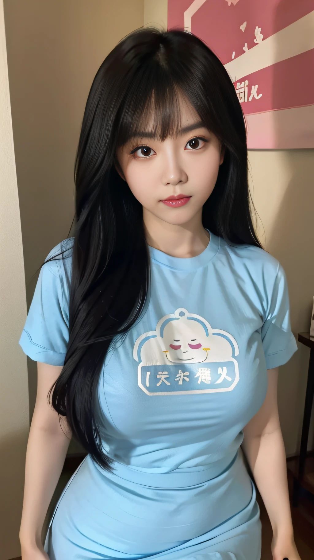 A Chinese woman on the background wall, fluffy hair, delicate face, bright, real girl, large aperture, wearing a mid-length T-shirt dress, tight letter T-shirt, macro shooting, plump, slightly fat, very plump, sexy, looking at you, good-looking eyes,