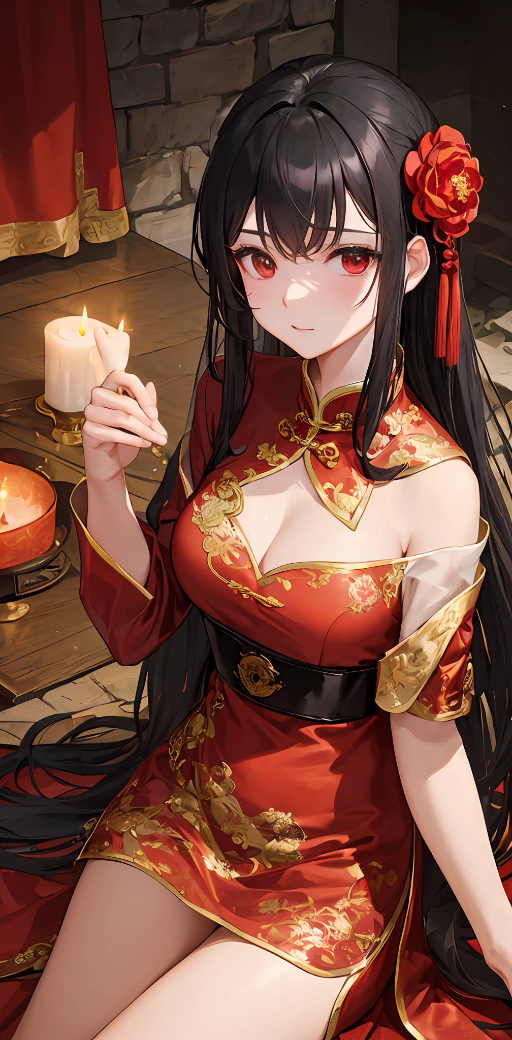 Masterpiece, Superb Style, Cave House Flower Candle Night, Wedding Scene, ((Single)) Mature Woman, Chinese Style, Royal Sister, Chinese Costume Red Wedding Dress, Bun, Black Long Hair Woman, Embroidered Shoes, Gentle, Intellectual, Three Belts, Wedding Background, 囍, Red Lantern, Face Close-up, Face Close-up