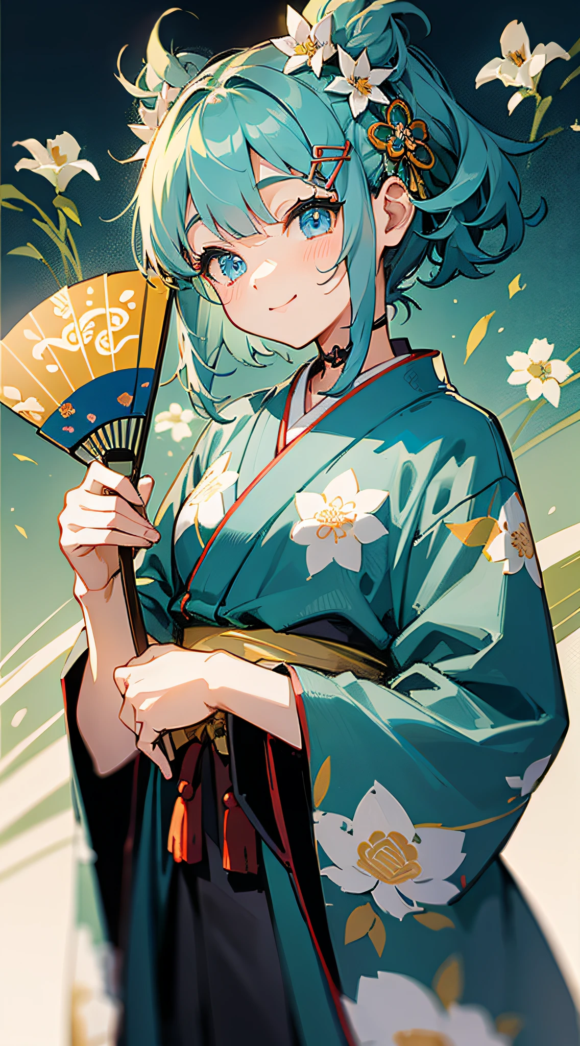 Masterpiece, super-high-resolution, cute girl, whole body, Chinese ancient style, gray long hair, green kimono, blue hair, flowing short hair, flower embellishment, blue eyes, hairpin, cute little loli, cute cute cute, thick paint, gentle smile, holding a fan