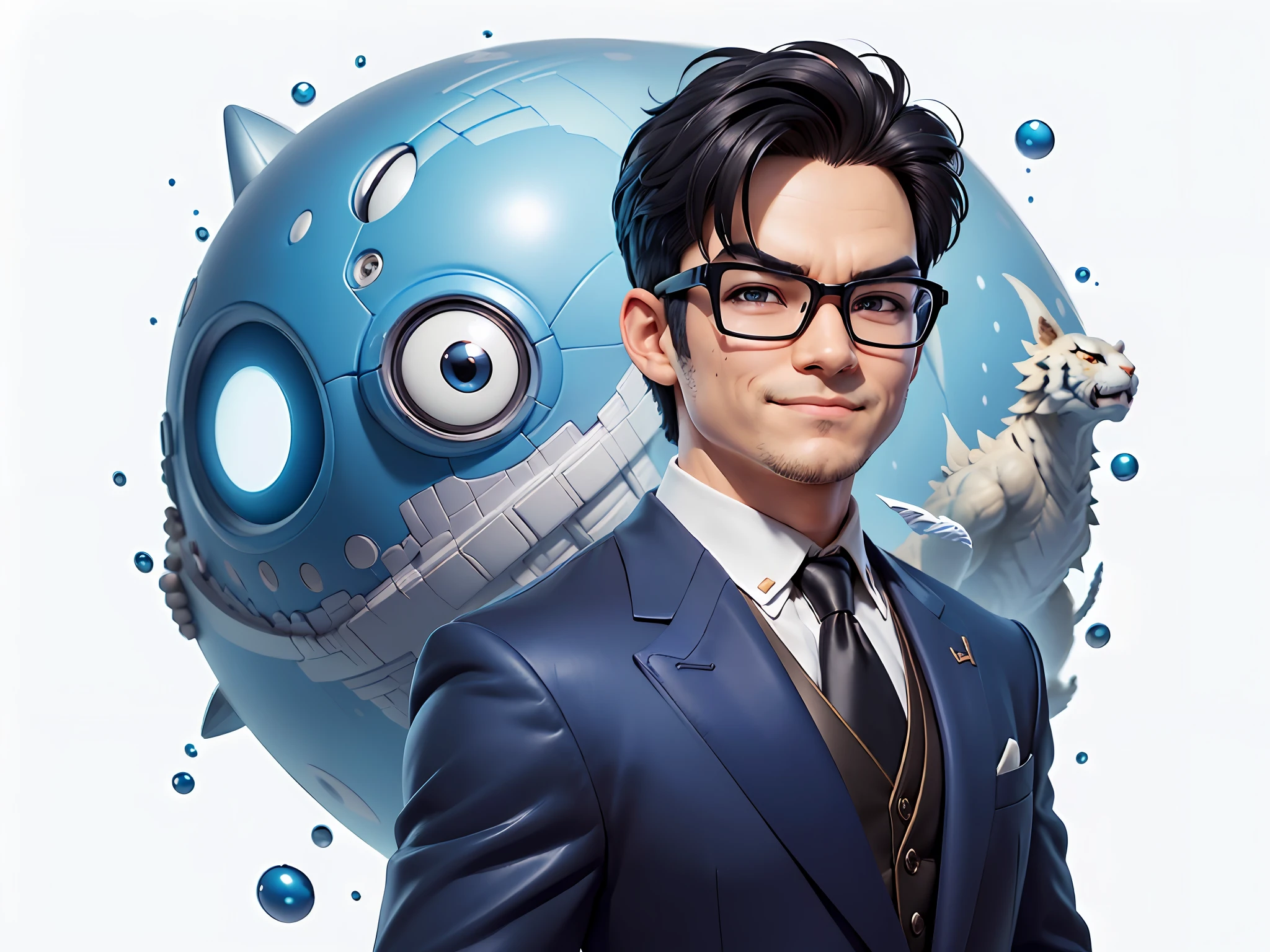 (((Masterpiece), (Excellent), (Super Meticulous), (Full Body: 1.2), Super Young Man, Oriental Face, Japanese Wind and Thunder God, Dragon, Tiger, TV Anchor, Bust Portrait Illustration, Alone, Black Formal Suit, Blue Tie, Slightly Chubby Face, Silver Glasses Face Very Clean No Beard, Black Super Short Hair, Black Eyes, Confident Smile, 3c Computer Sub-Products, iPad, iPhone, Digital Painting, 3D Character Design by Akira Toriyama and Mark Claireden and Pixar and Hayao Miyazaki, The illustration is a high-definition illustration in 4K resolution with very detailed facial features and cartoon-style visuals.