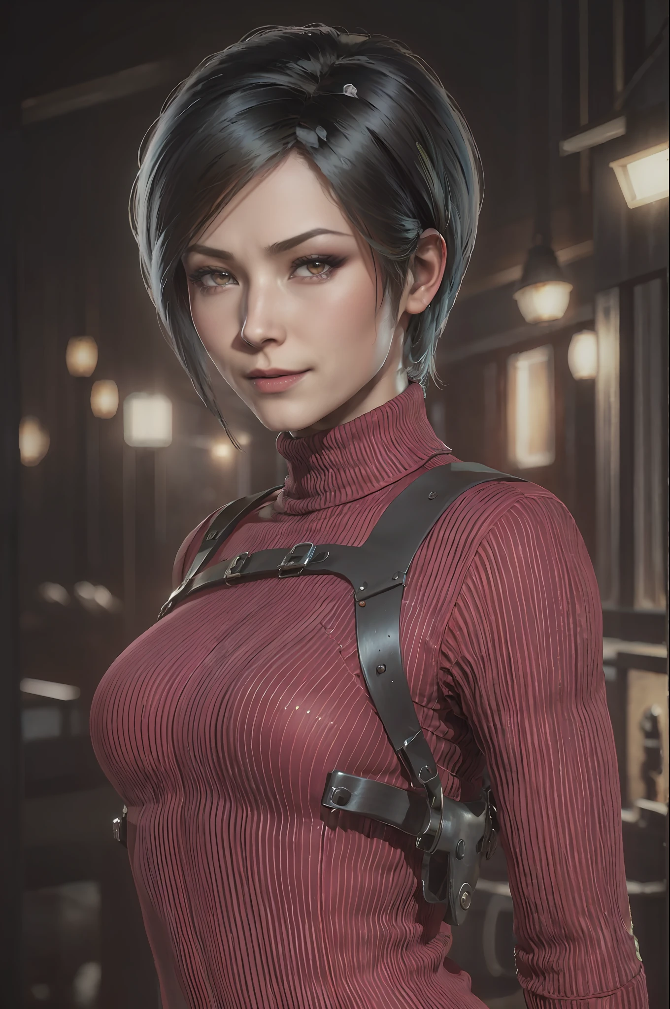 1 girl, solo, Ada Wong from Resident Evil 4 Remake, short hair, black hair, Red Sweater Turtleneck Dress, long sleeve drees, black tight pant, breast, thighs, butts, black heels, face of Adriana, viewer looking, devious smile, pistol hanging on her waist, best quality, high resolution:1.2, 18th century village in the background, shadows, nightime, moonlight, upper body shot, low camera angle, depth of field, center focus