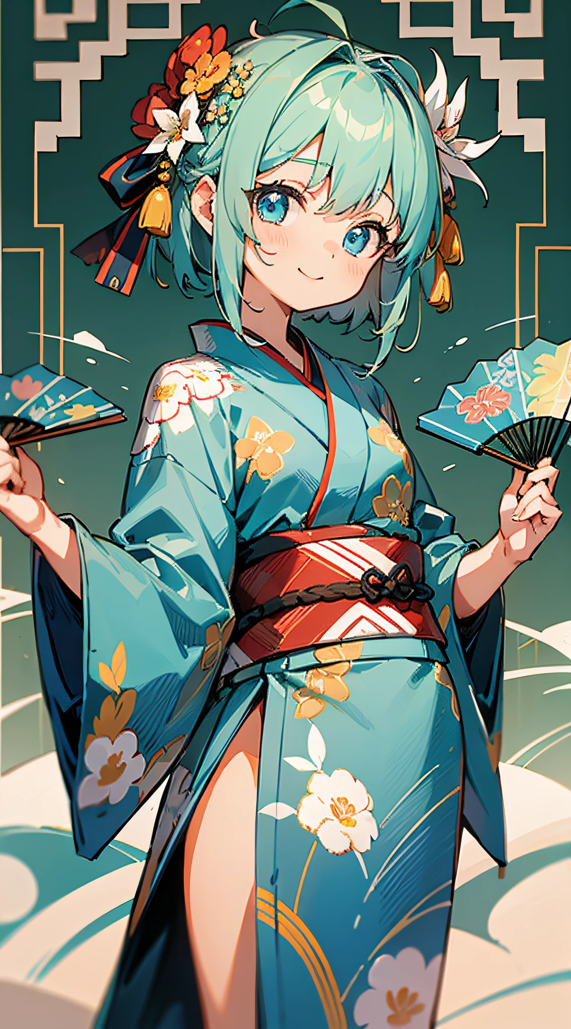 Masterpiece, super-high-resolution, cute girl, whole body, Chinese ancient style, gray long hair, green kimono, blue hair, flowing short hair, flower embellishment, blue eyes, hairpin, cute little loli, cute cute cute, thick paint, gentle smile, holding a fan