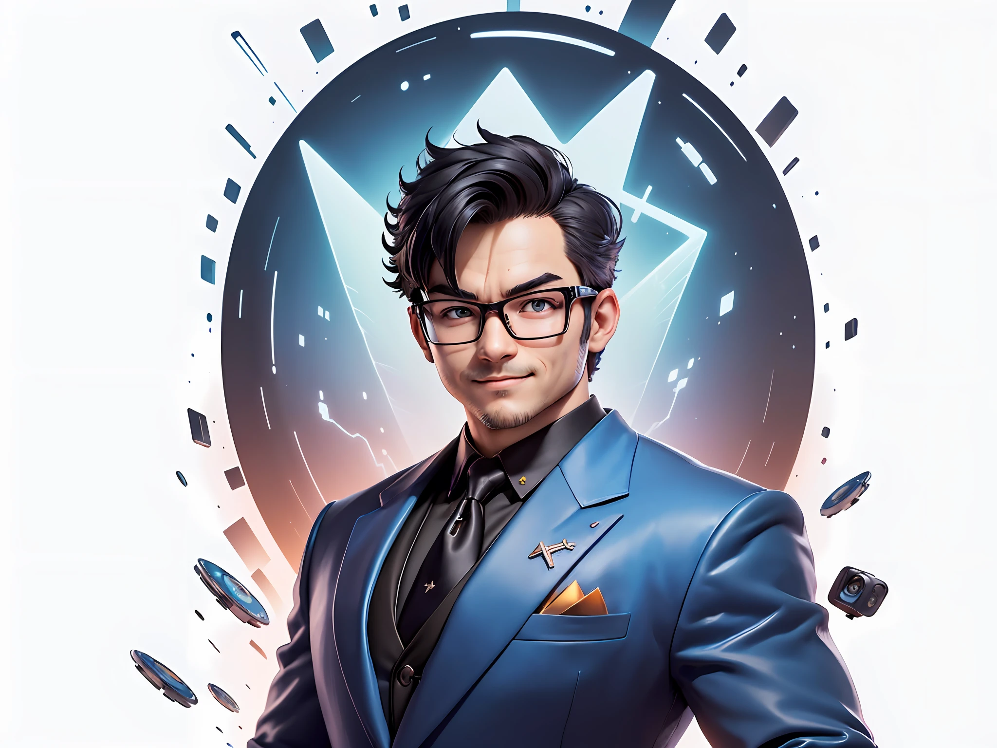 (((Masterpiece), (Excellent), (Super Meticulous), (Full Body: 1.2), Super Young Man, Oriental Face, Japanese Wind and Thunder God, Dragon, Tiger, TV Anchor, Bust Portrait Illustration, Alone, Black Formal Suit, Blue Tie, Slightly Chubby Face, Silver Glasses Face Very Clean No Beard, Black Super Short Hair, Black Eyes, Confident Smile, 3c Computer Sub-Products, iPad, iPhone, Digital Painting, 3D Character Design by Akira Toriyama and Mark Claireden and Pixar and Hayao Miyazaki, The illustration is a high-definition illustration in 4K resolution with very detailed facial features and cartoon-style visuals.