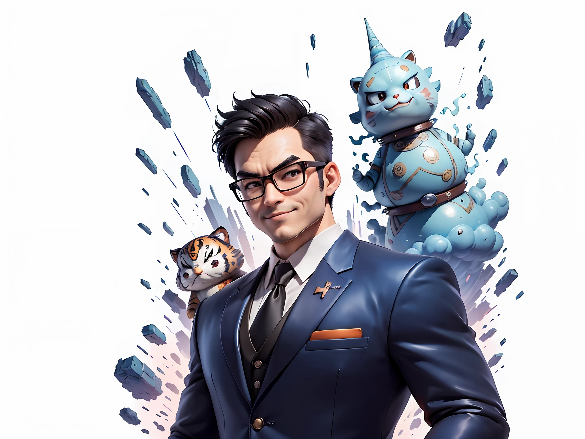 (((Masterpiece), (Excellent), (Super Meticulous), (Full Body: 1.2), Super Young Man, Oriental Face, Japanese Wind and Thunder God, Dragon, Tiger, TV Anchor, Bust Portrait Illustration, Alone, Black Formal Suit, Blue Tie, Slightly Chubby Face, Silver Glasses Face Very Clean No Beard, Black Super Short Hair, Black Eyes, Confident Smile, 3c Computer Sub-Products, iPad, iPhone, Digital Painting, 3D Character Design by Akira Toriyama and Mark Claireden and Pixar and Hayao Miyazaki, The illustration is a high-definition illustration in 4K resolution with very detailed facial features and cartoon-style visuals.