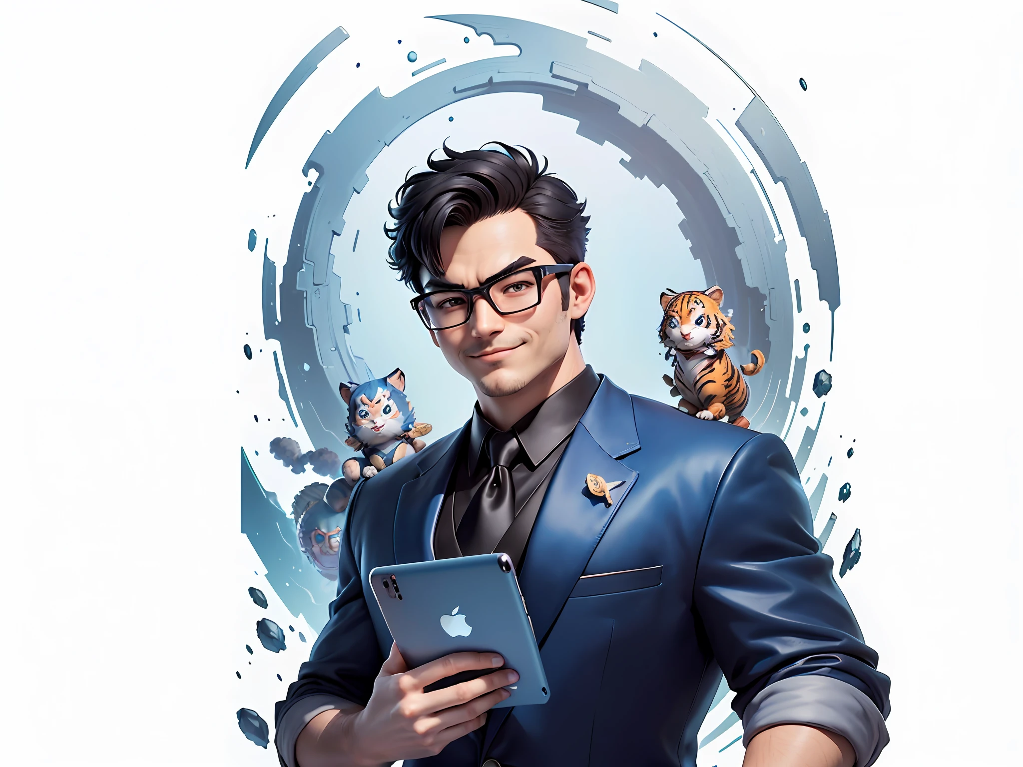 (((Masterpiece), (Excellent), (Super Meticulous), (Full Body: 1.2), Super Young Man, Oriental Face, Japanese Wind and Thunder God, Dragon, Tiger, TV Anchor, Bust Portrait Illustration, Alone, Black Formal Suit, Blue Tie, Slightly Chubby Face, Silver Glasses Face Very Clean No Beard, Black Super Short Hair, Black Eyes, Confident Smile, 3c Computer Sub-Products, iPad, iPhone, Digital Painting, 3D Character Design by Akira Toriyama and Mark Claireden and Pixar and Hayao Miyazaki, The illustration is a high-definition illustration in 4K resolution with very detailed facial features and cartoon-style visuals.