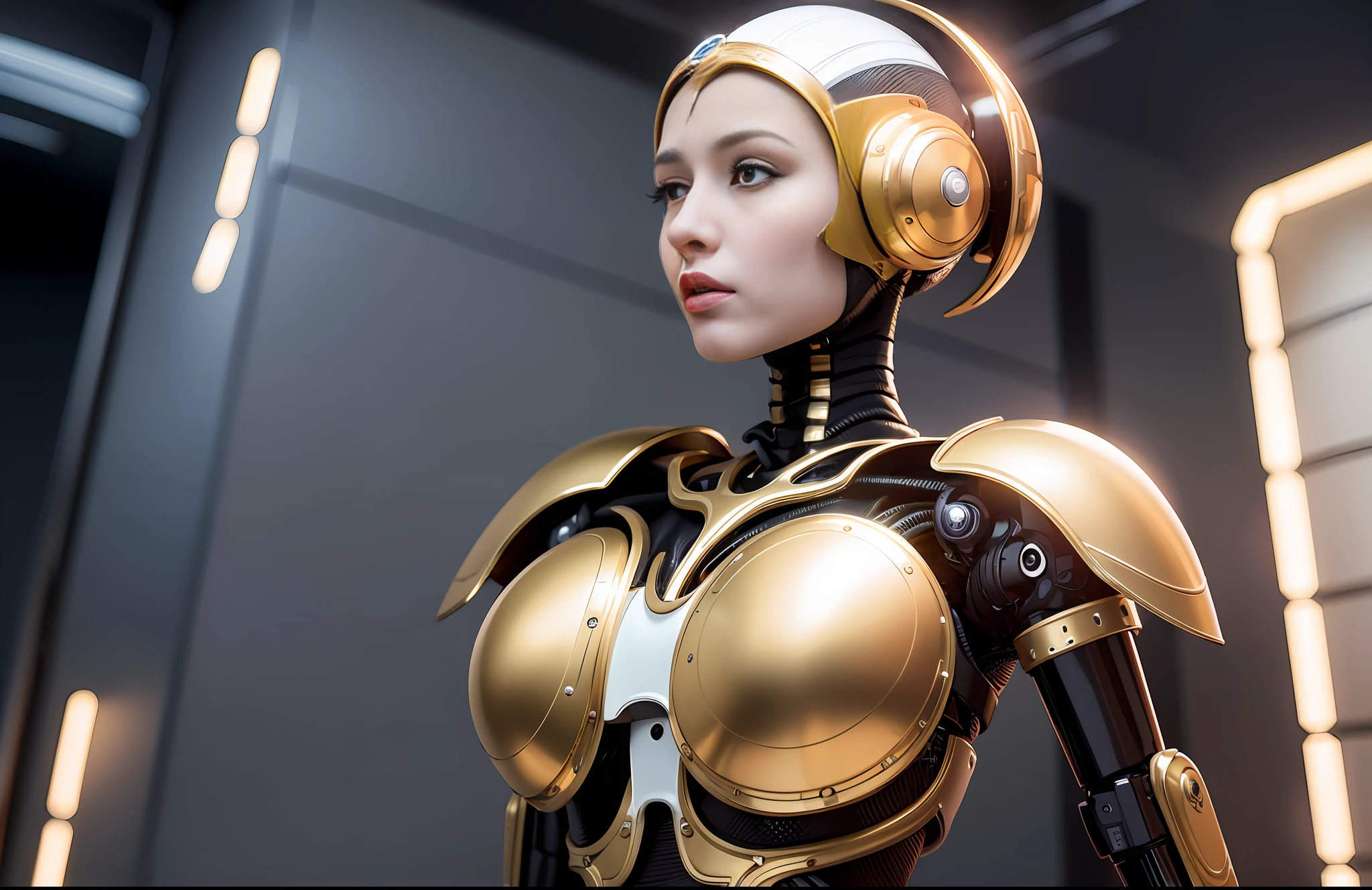 in golden tones, flashes of light or sun, complex 3D render ultra-detailed beautiful porcelain face profile of android woman, cyborg, robotic parts, 150mm, beautiful studio soft light, edge light, bright details, luxury cyberpunk, lace, hyperrealistic, anatomical, facial muscles, cable, electrical wires, microchip, elegant, beautiful background, octane imaging, HR Giger style, 8k, best quality, masterpiece, illustration, extremely delicate and beautiful, extremely detailed, cg, unity, wallpaper, (realistic, photorealistic: 1.37), stunning, finely detailed, masterpiece, best quality, official art, extremely detailed CG unity 8k wallpaper, absurd, incredibly absurd, robot, silver helmet, full body, sedentary