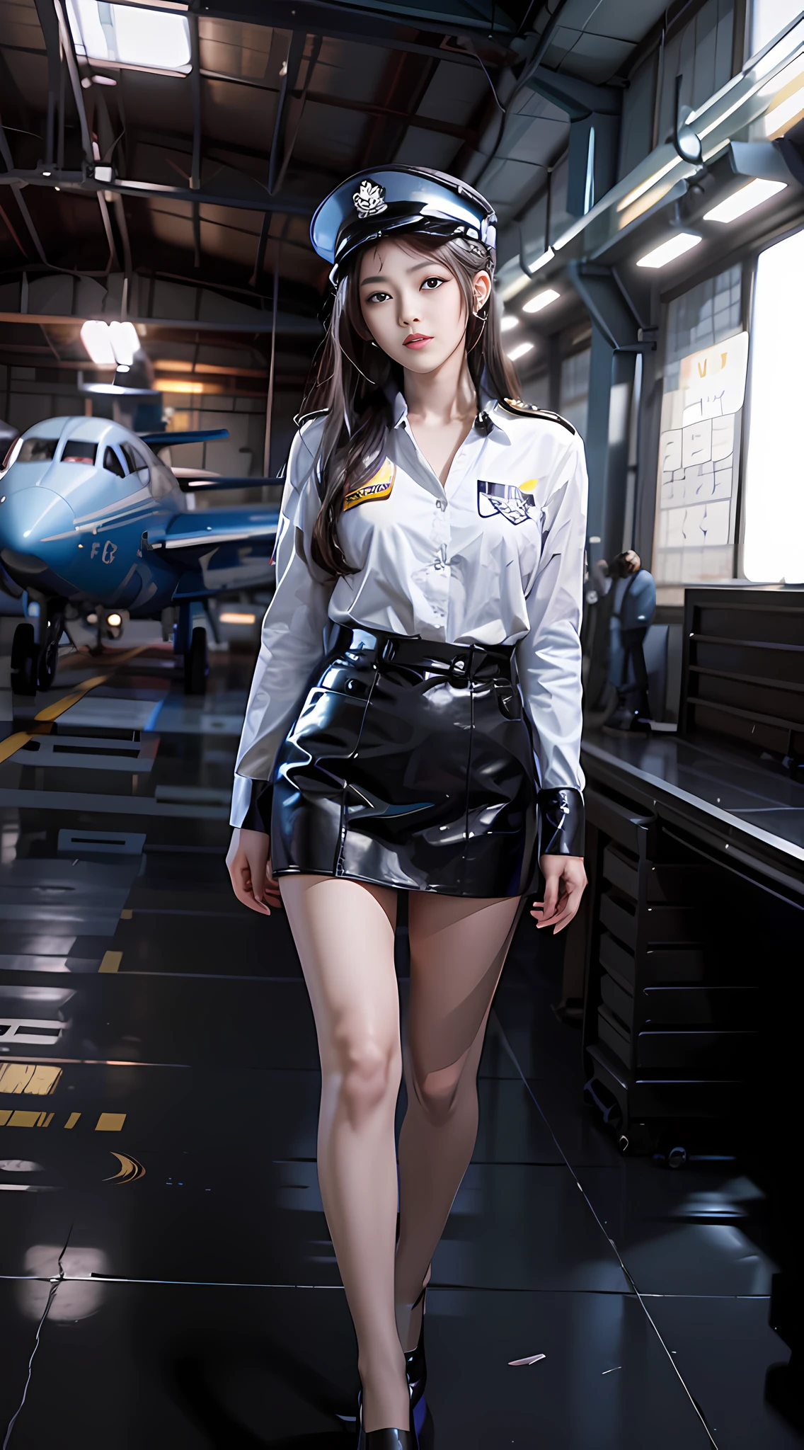 araffe in a white shirt and black skirt walking in a hangar, pilot outfit, cute pilot girl, korean women's fashion model, pilot girl, leather pilots uniform, portrait of cute pilot girl, taken with sony alpha 9, shot on nikon z9, astonishing, full body xianxia, sakimichan, plain, jaeyeon nam