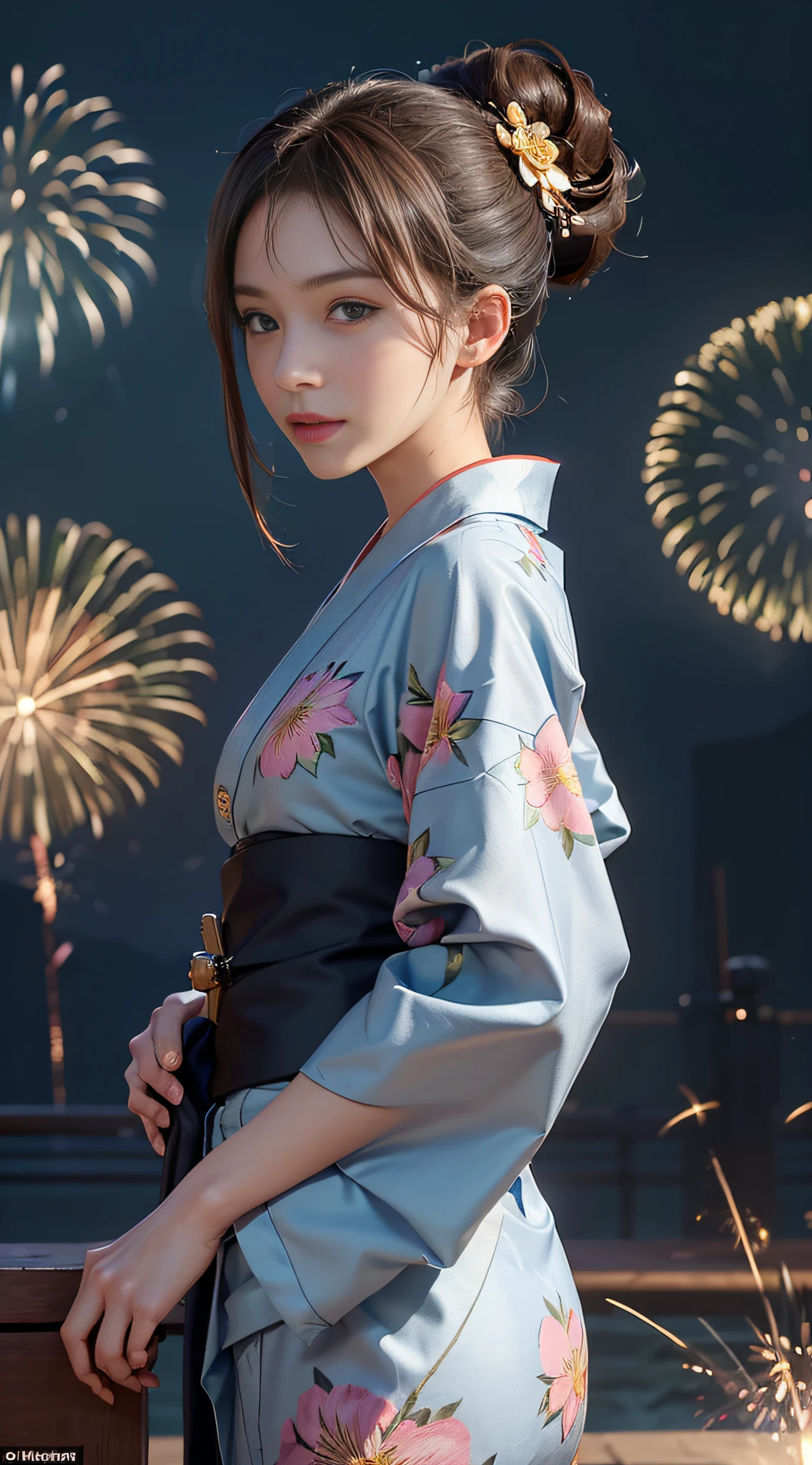 (pre-focus), (Darkness: 1.6), Cinema Lighting, Hyperreality by David Hockney and Alphonse Mucha, Women of Mu, Photoreal, Pale Skin, Dynamic Lighting, Art Station, Posters, Dark Lighting, ((Highly Detailed Face)), Mature Atmosphere, Eye Detail, 8K, One Girl, Cool Beautiful Face, High Nose, Ghibli no face, slender, (((taut)), ((big)), erotic body, stunning proportions, shoulder width, long legs, waist wide size, sexy style, waist constriction, ((small triangular face)), natural makeup, beautiful makeup, narrow eyes, pool, night, (((fireworks)), ((floral pattern yukata)), ((kimono)), waist girdle, Cowboy shot, (formal attire: 1.4), hair detail, hair is up, brown hair, background bokeh, (ultra low angle), frontal shot, small smiles, various poses, (((positive face)), face does not collapse