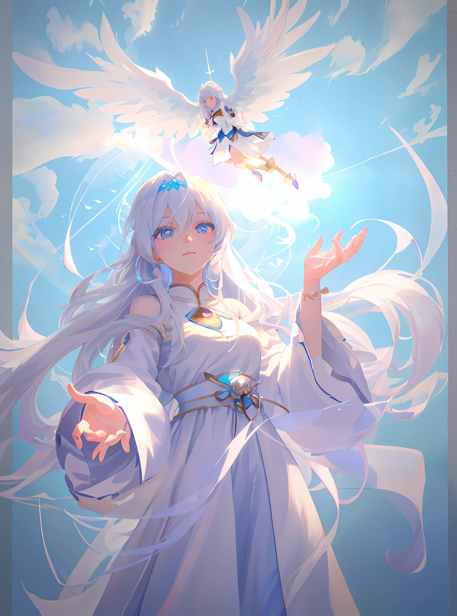 Anime girl with long white hair and blue eyes in white dress, insanely fine eyes, sparkling jewels flying in the air, insanely pastel, insanely soft, three-dimensional clouds, ethereal anime, digital art on pixiv, anime fantasy illustration, beautiful heavenly mage, god with white hair, beautiful fantasy anime, gwise, anime goddess, etheric fantasy, fantasy style, detail, beautiful fingers
