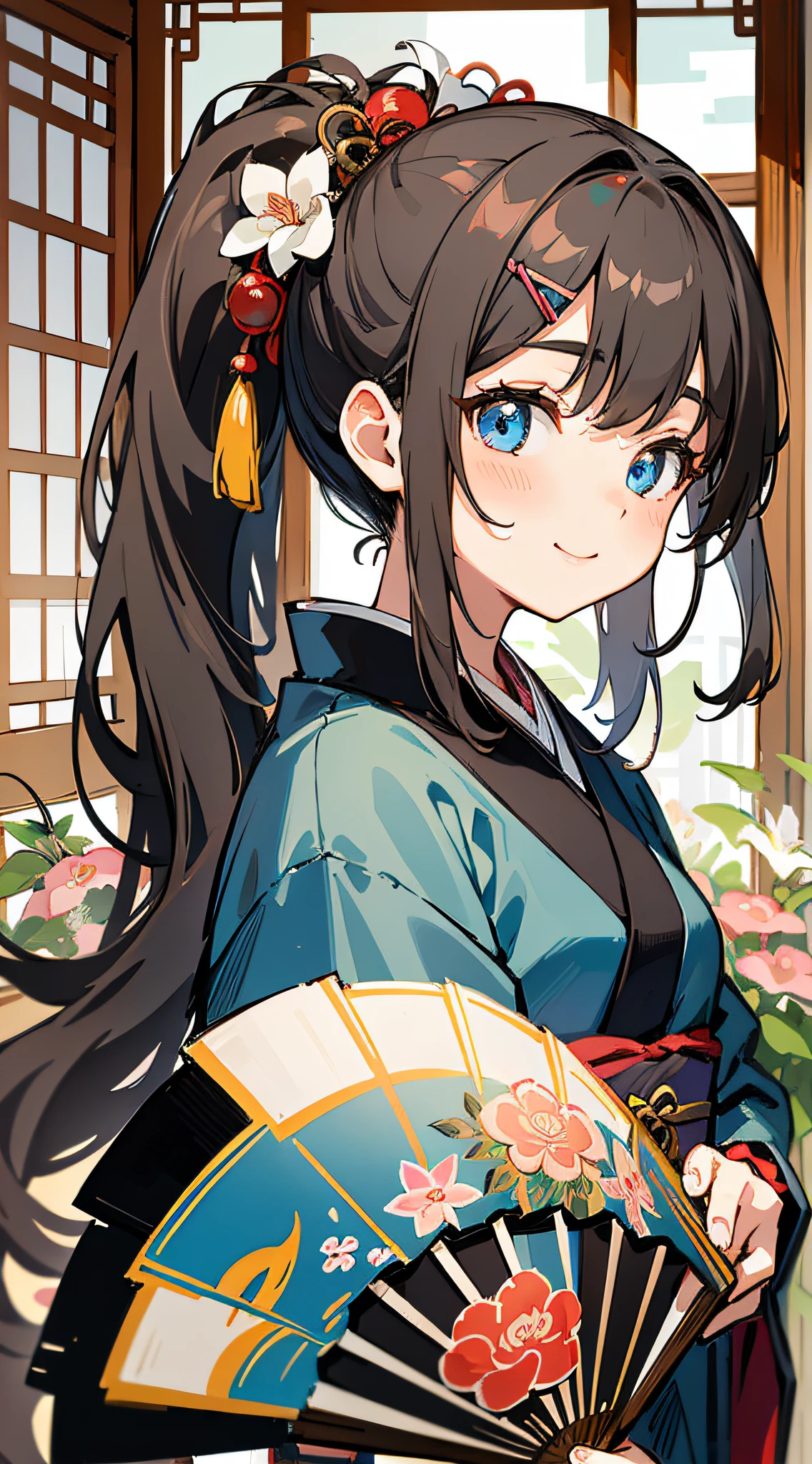 Masterpiece, Excellent, Super High Resolution, Cute Girl, Half-body, Chinese Antique Style, Long Gray Hair, Black Kimono, Brown Hair, Short Flowing Hair, Double Ponytail, Flower Embellishment, Blue Eyes, Hairpin, Cute Little Lori, Cute Cute and Cute Cute and Cute, Thick Paint, Gentle Smile, Holding a Fan