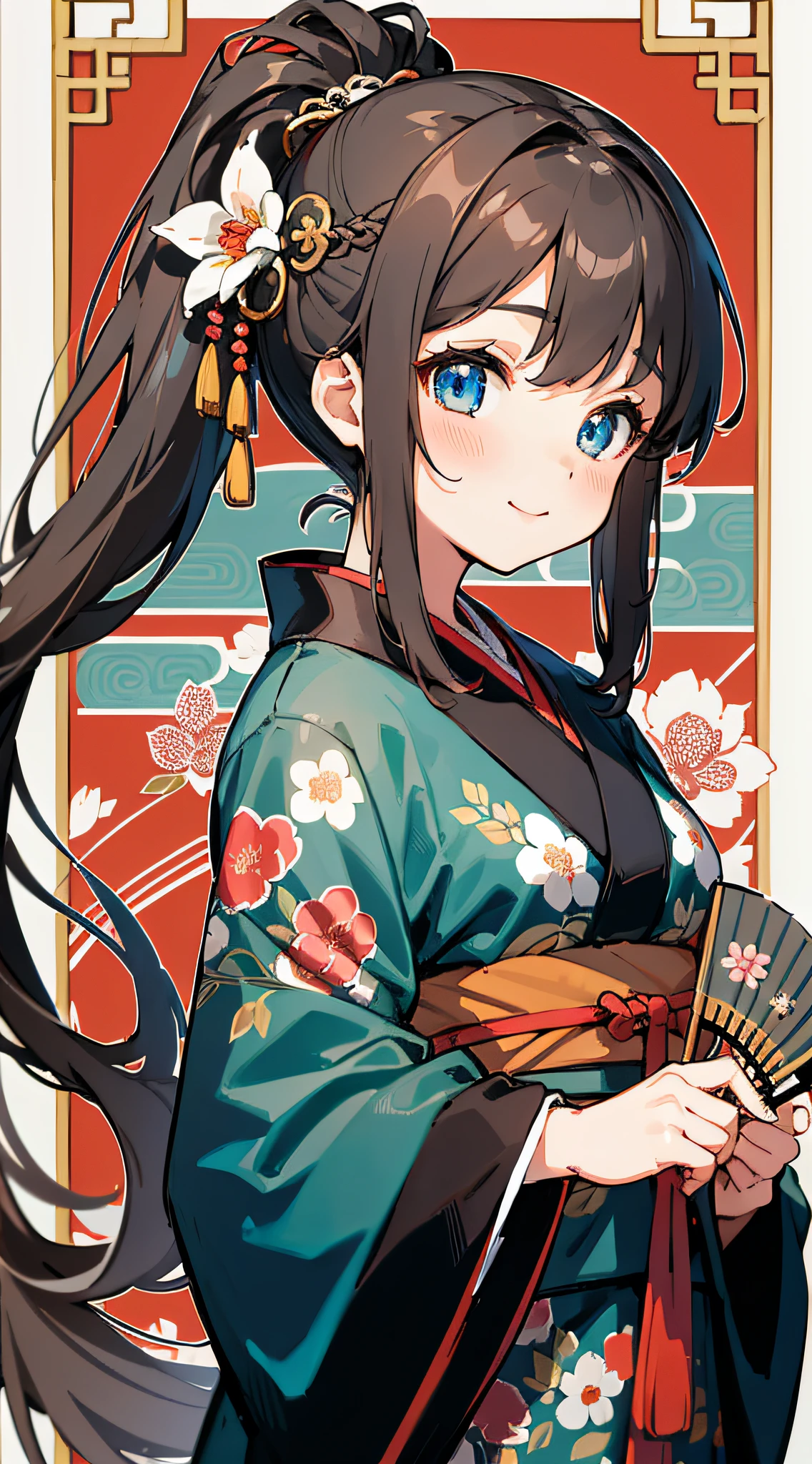 Masterpiece, Excellent, Super High Resolution, Cute Girl, Half-body, Chinese Antique Style, Long Gray Hair, Black Kimono, Brown Hair, Short Flowing Hair, Double Ponytail, Flower Embellishment, Blue Eyes, Hairpin, Cute Little Lori, Cute Cute and Cute Cute and Cute, Thick Paint, Gentle Smile, Holding a Fan