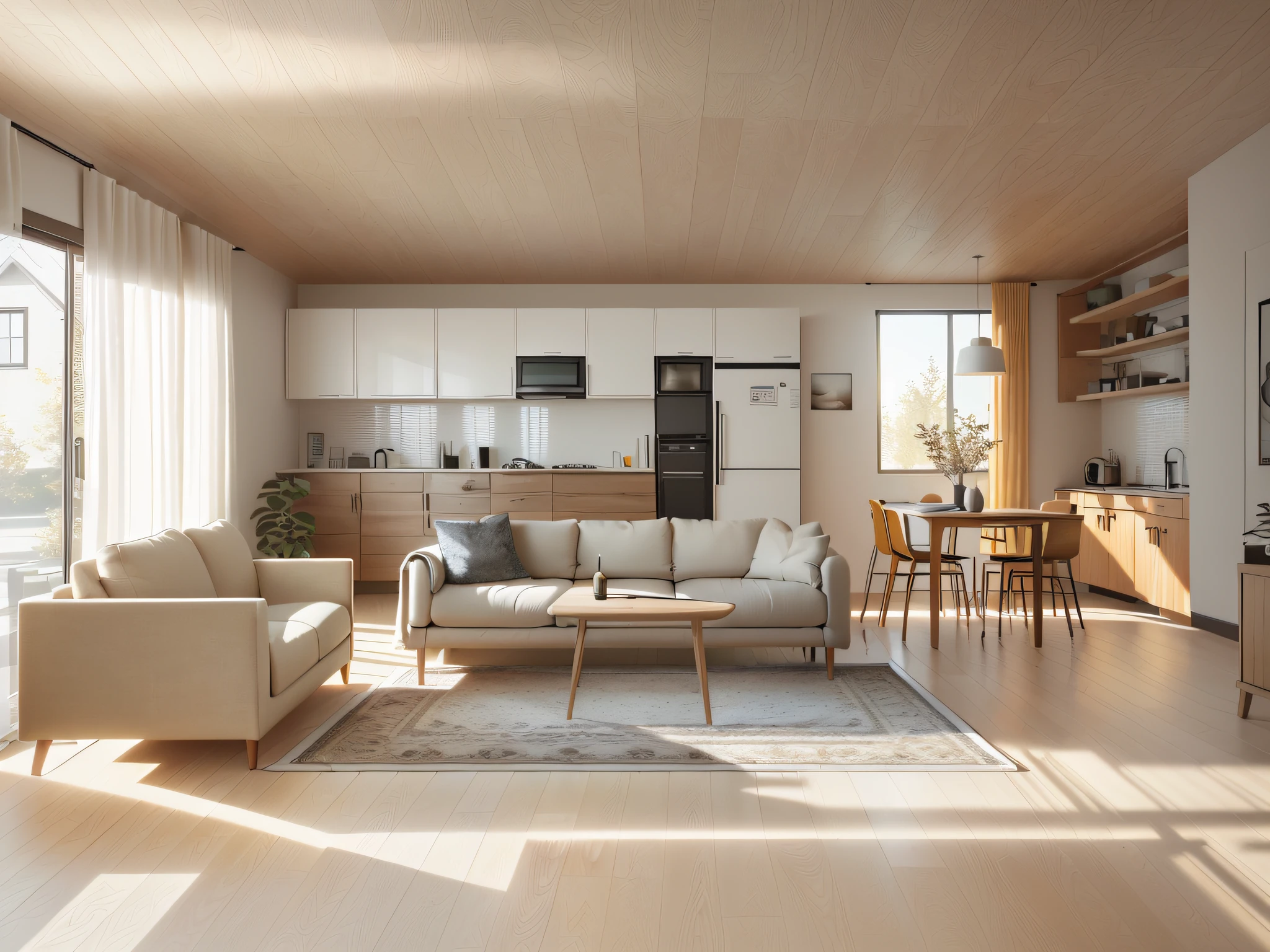 there is a living room with a couch, chairs, and a table, archviz, realistic physical rendering, rendered in corona, scandinavian design, warm interior, award-winning render, realistic afternoon lighting, warm colored furniture, rendered in unreal engine 6, soft natural volumetric lighting, bright render, highly detailed interior, warm interiors, rendered in unreal engine 5