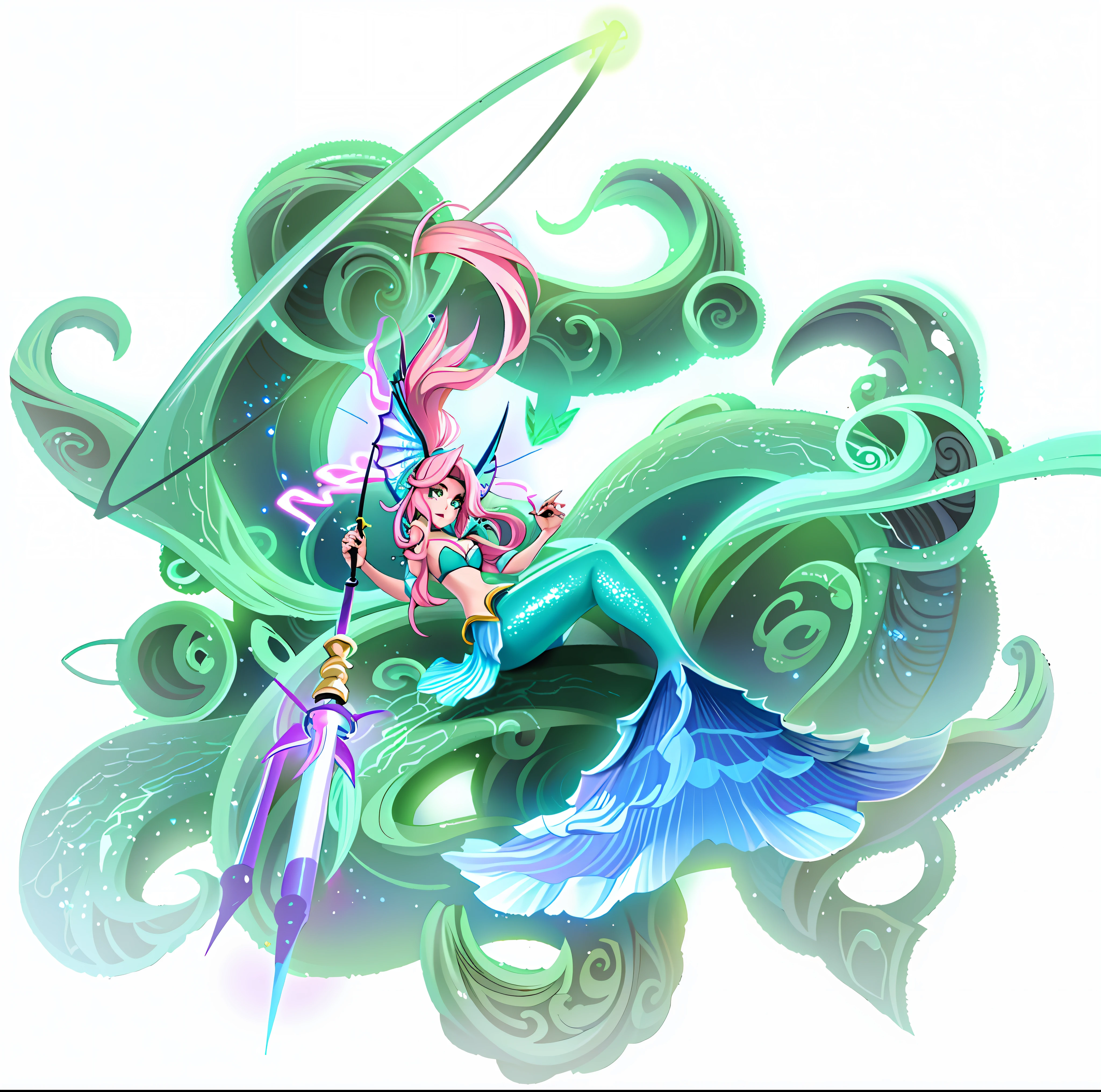 Mermaid, holding a harpoon weapon, wearing fins on her head, long pink hair, shell bodice, evil expression, beautiful HD graphics, 4k