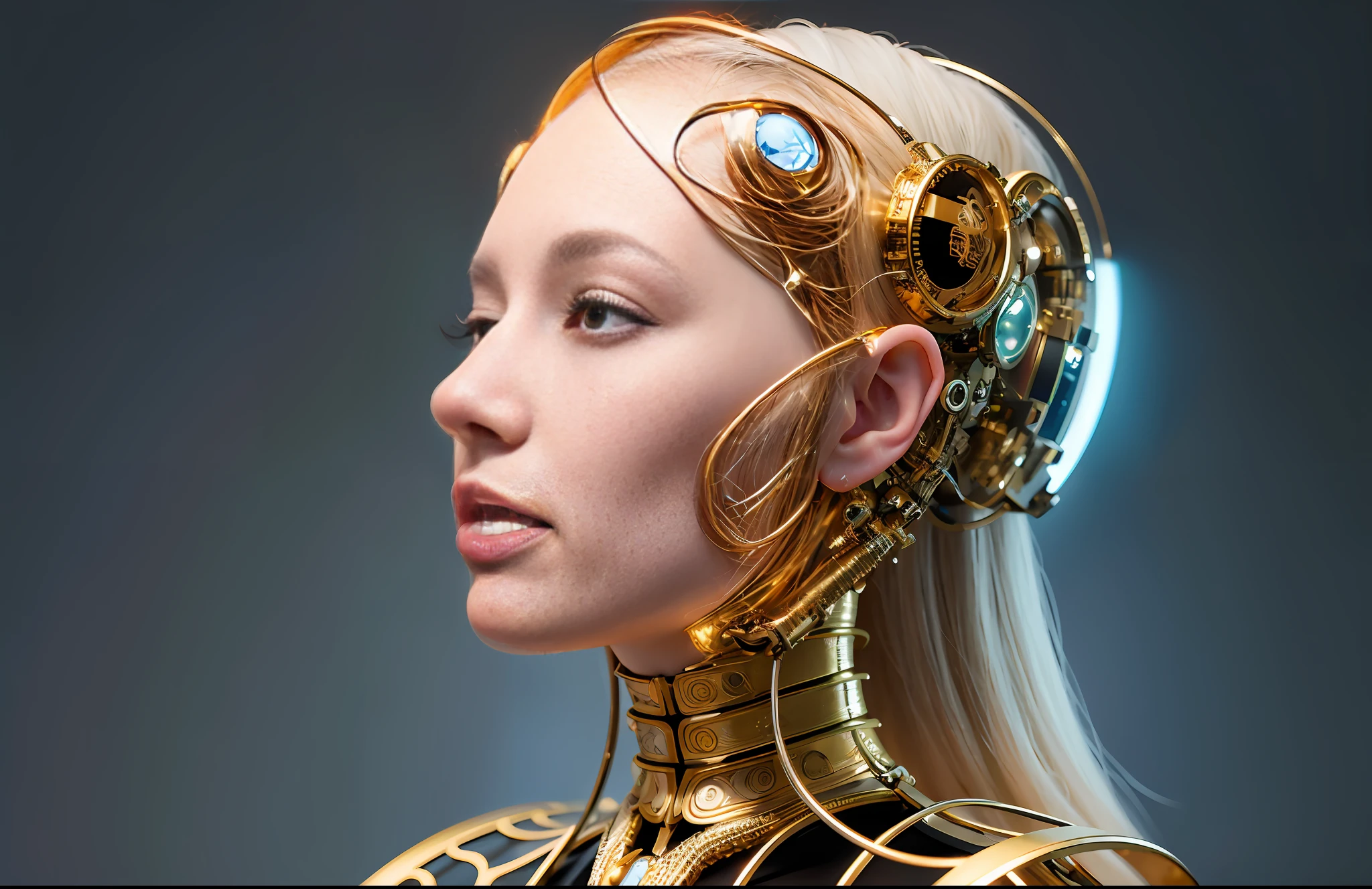 in golden tones, flashes of light or sun, complex 3D render ultra-detailed beautiful porcelain face profile of android woman, cyborg, robotic parts, 150mm, beautiful studio soft light, edge light, bright details, luxury cyberpunk, lace, hyperrealistic, anatomical, facial muscles, cable, electrical wires, microchip, elegant, beautiful background, octane imaging, HR Giger style, 8k, best quality, masterpiece, illustration, extremely delicate and beautiful,  extremely detailed, cg, unity, wallpaper, (realistic, photorealistic: 1.37), stunning, finely detailed, masterpiece, best quality, official art, extremely detailed CG unity 8k wallpaper, absurd, incredibly absurd, robot, silver helmet, full body, sedentary