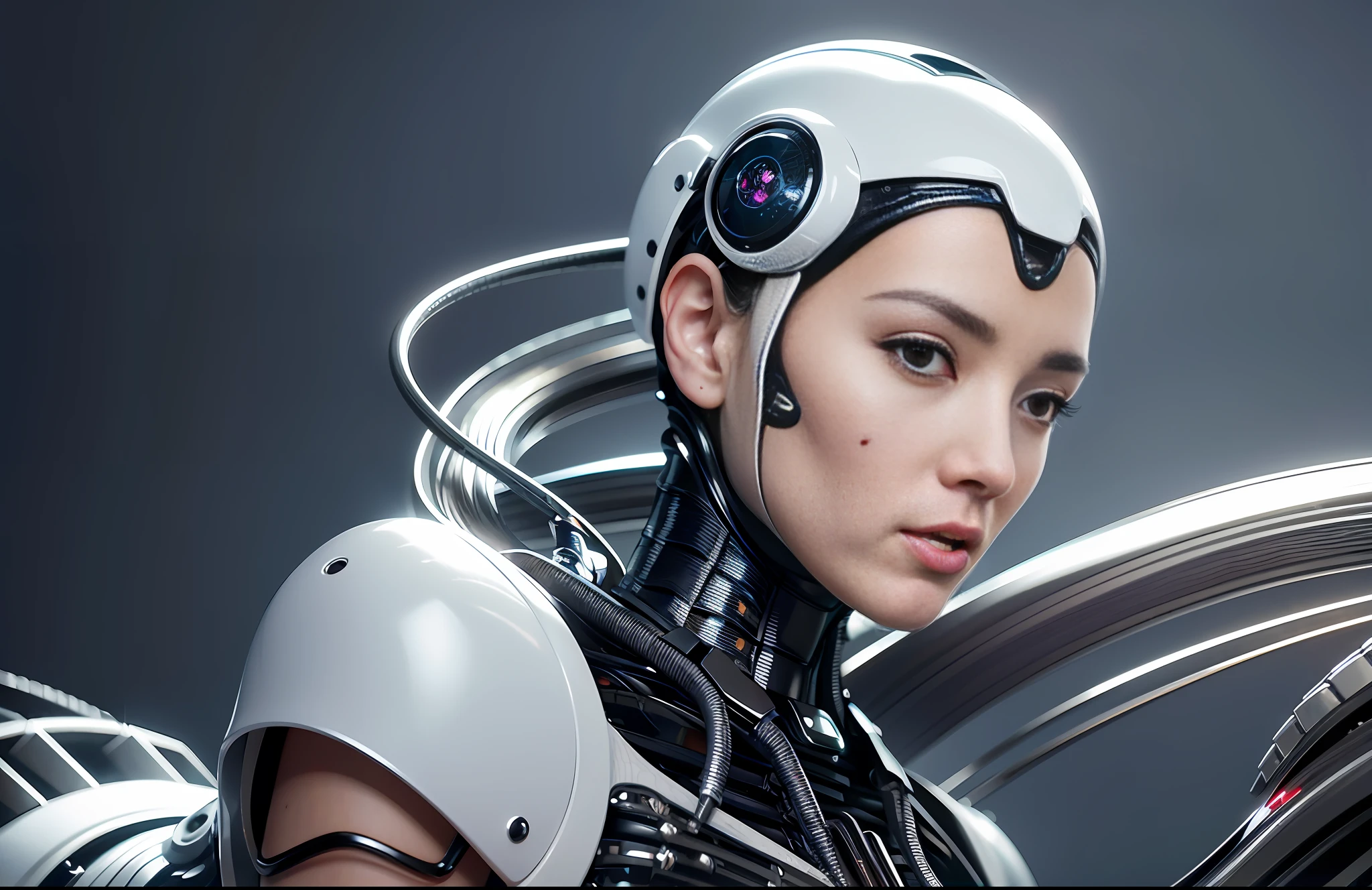 in golden tones, flashes of light or sun, complex 3D render ultra-detailed beautiful porcelain face profile of android woman, cyborg, robotic parts, 150mm, beautiful studio soft light, edge light, bright details, luxury cyberpunk, lace, hyperrealistic, anatomical, facial muscles, cable, electrical wires, microchip, elegant, beautiful background, octane imaging, HR Giger style, 8k, best quality, masterpiece, illustration, extremely delicate and beautiful, extremely detailed, cg, unity, wallpaper, (realistic, photorealistic: 1.37), stunning, finely detailed, masterpiece, best quality, official art, extremely detailed CG unity 8k wallpaper, absurd, incredibly absurd, robot, silver helmet, full body, sedentary