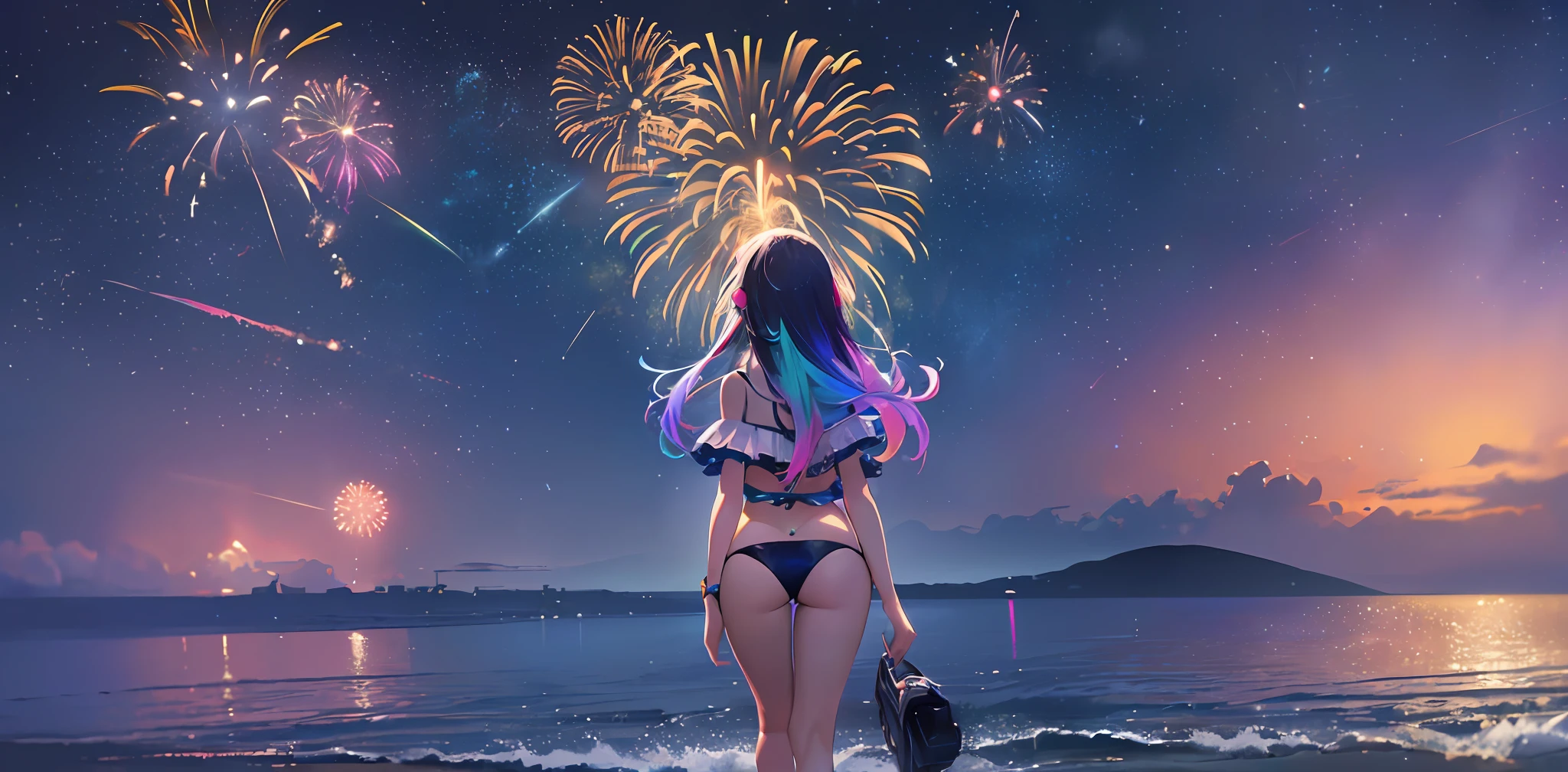 Vast night sky pictures,((Top quality:1.4),(Unparalleled masterpiece),Night Sky: 1.4,(Fireworks: 1.4, Aerial Fireworks: 1.4), highly detailed 8k CG unit,,Bokeh,Depth of field,, Beach, Sea, Volumetric Lighting,(Dynamic Composition: 1.4),Bikini girl standing on the beach, character 0.3, Very detailed, Colorful details, (Iridescent: 1.2), (glow illumination, atmosphere lighting), dreamy, magical, (solo: 1.2),
