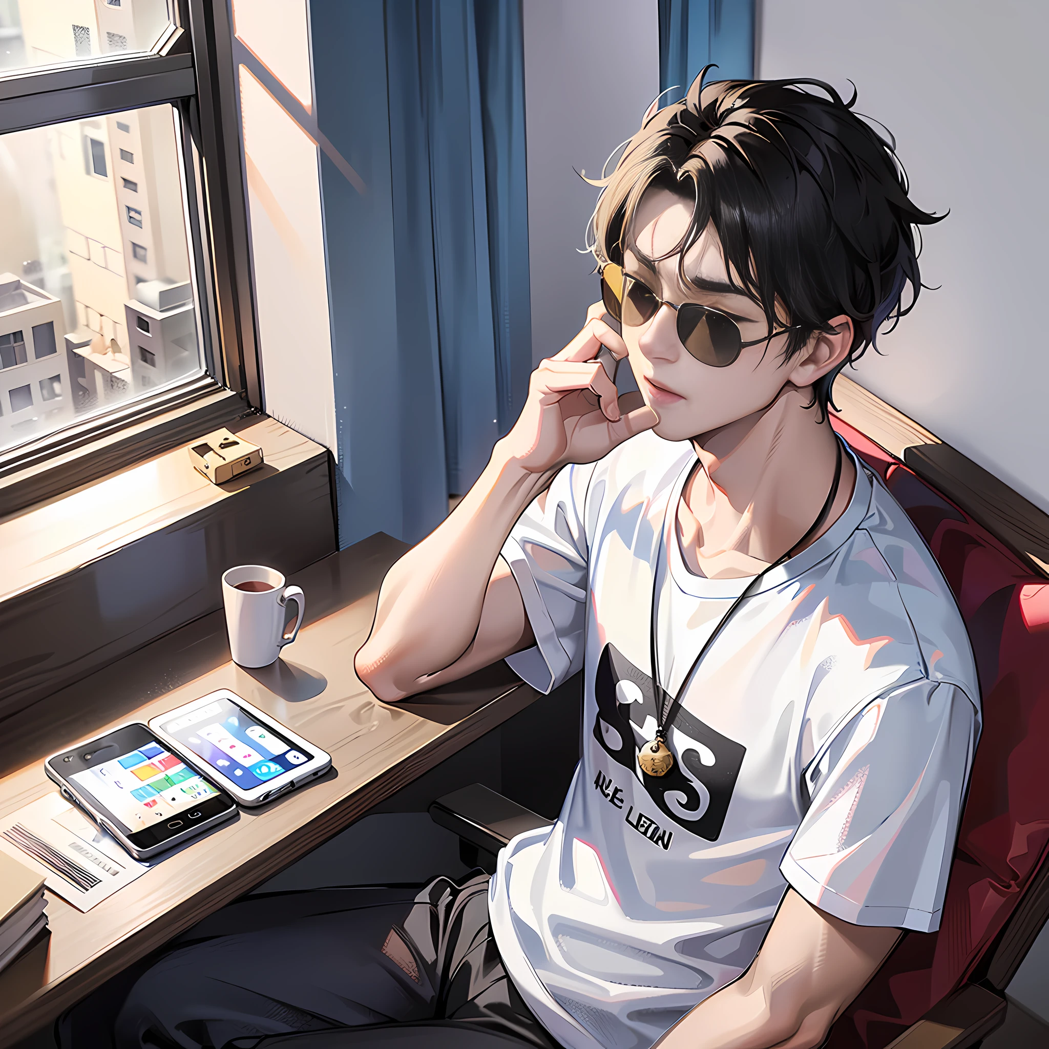 In the dormitory, a handsome boy sits at a desk, eyes closed, with sunglasses, short black hair, white T-shirt and short sleeves, picking up a mobile phone on the phone, 4k, super detail