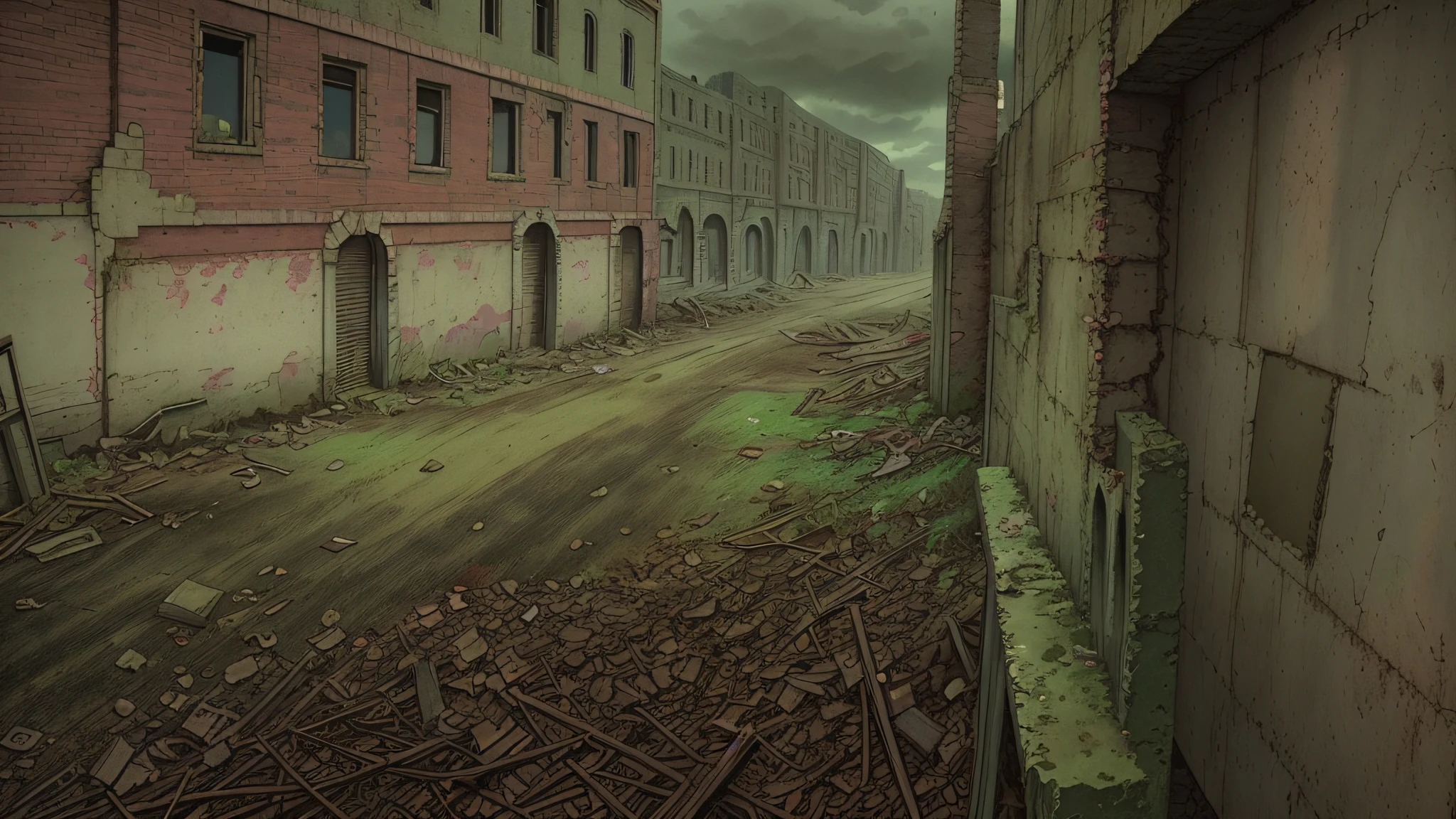 There is a picture of a city, in a ruined cityscape, destroyed cityscape, outdoor ruined cityscape, a city in ruins in the background, a post-apocalyptic city, a post-apocalyptic view, a destroyed city, an apocalyptic city, a ruined city in the background, An abandoned dystopian city, gloomy, with a wall with a door at the end,