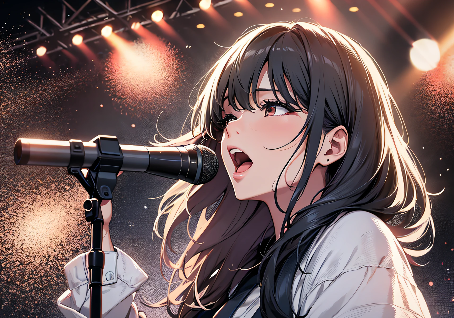 masterpiece, best quality, realistic, super detailed, Inside the concert, the female singer is singing by the microphone, head to the right,
