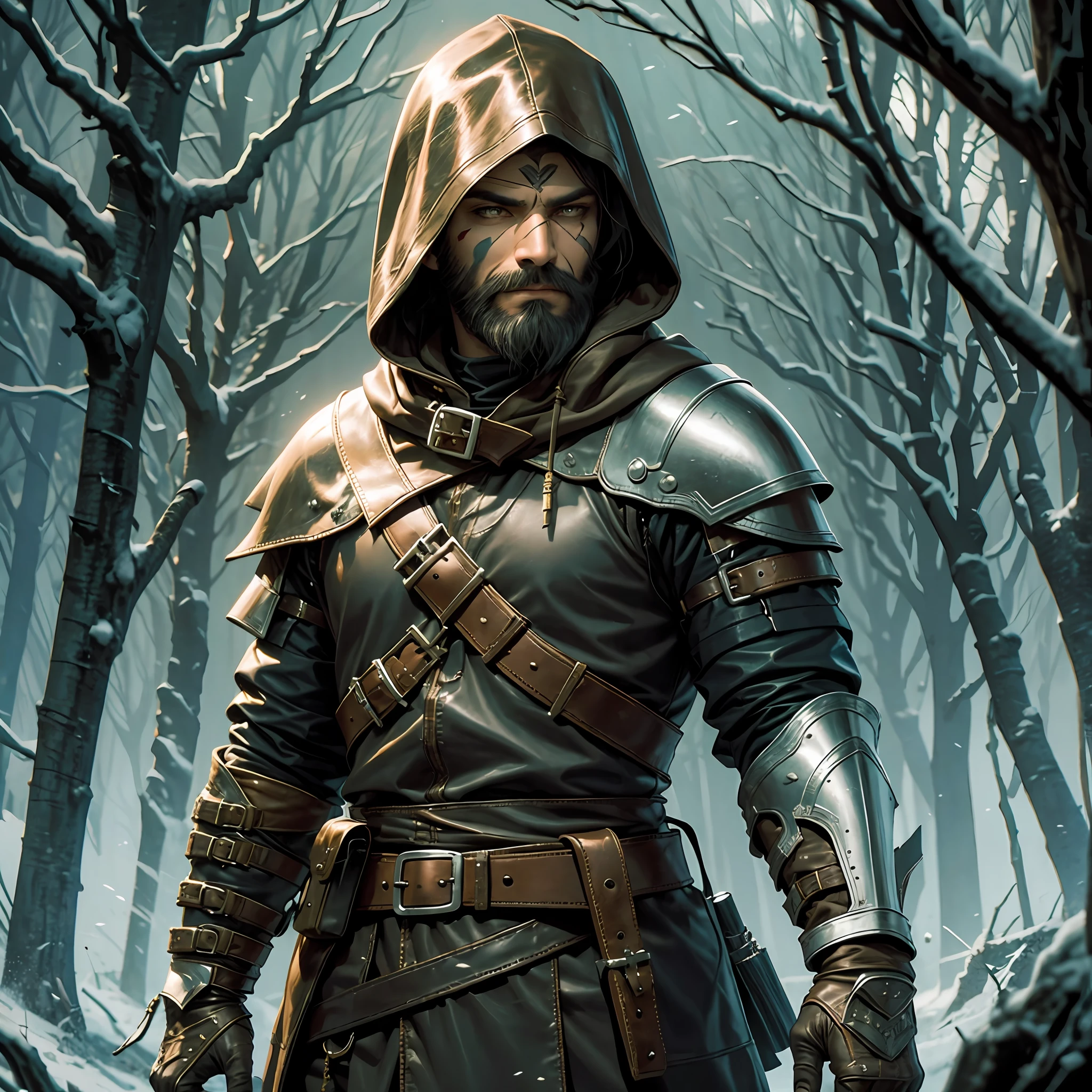 Dark beard, hooded, wry smile, leather armor, hunter, brown clothes, assassin, masterpiece, top quality, face paint