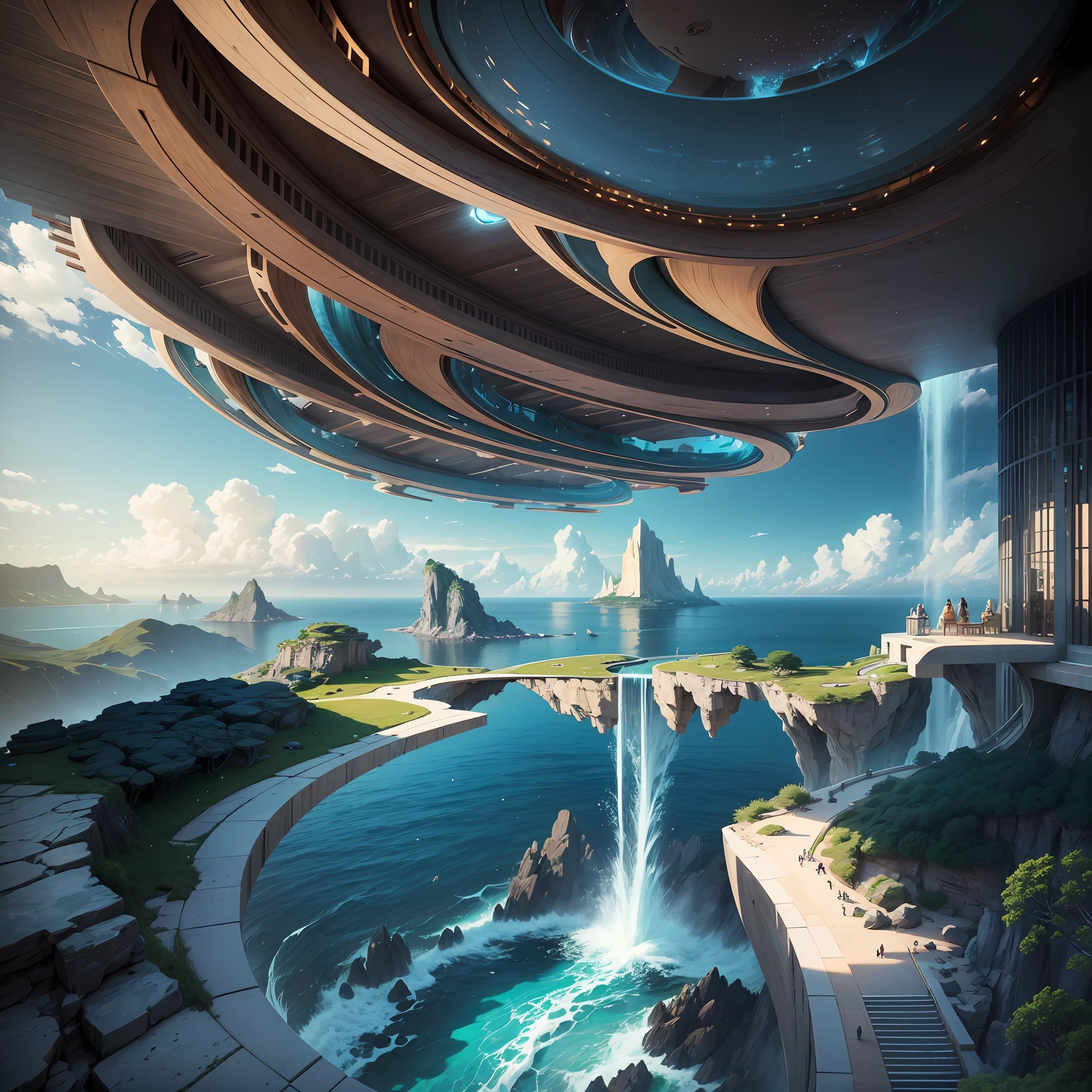 a modern futuristic design large cliff House's with a artificial waterfall and a pool in the middle, nature meets architecture, built around blue ocean, realistic beehive architecture, organic architecture, very close to real nature, breathtaking render, island with cave, stunning architecture, luxury architecture, realistic fantasy render, by Zha Shibiao, epic and stunning, architectural visualization, epic architecture, concept art. 8 k --auto --s2