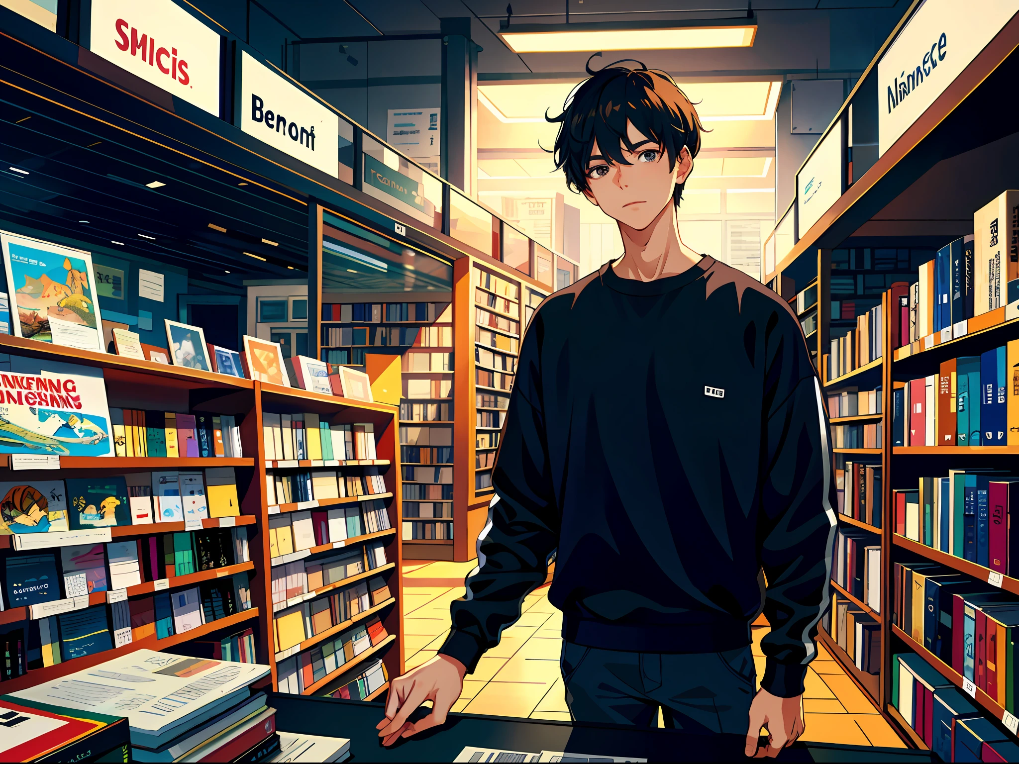 HD clear, best images, illustration quality, super detailed, a young man in a black casual sweatshirt, standing in a bookstore, bright background