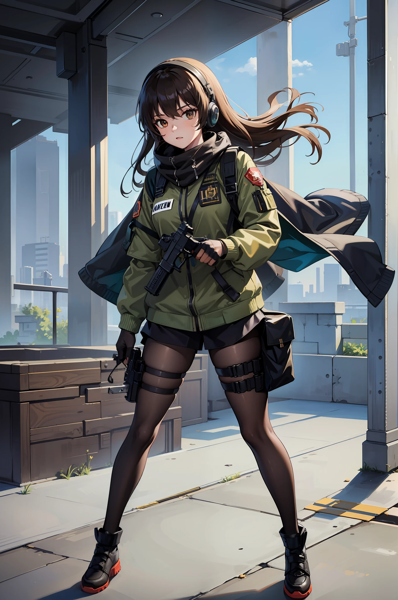 ((best quality)), ((masterpiece)), ((high res)), 1girl, muslim, brown eyes, full body, gloves, black hair, gun, handgun, headset, heckler & koch, holding and aiming gun, holding weapon, holster, kochiy sanae, pistol, solo, suppressor, thigh holster, thigh strap, trigger discipline, weapon, medium hair, matching pantyhose, tights