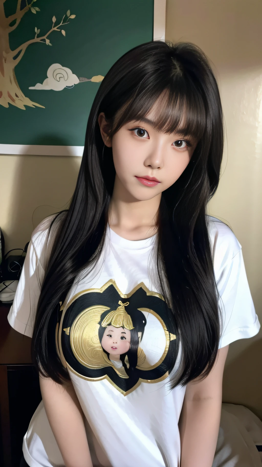 A Chinese woman on the background wall, fluffy hair, delicate face, bright, real girl, large aperture, wearing a long T-shirt, macro shooting, plump, slightly fat, very plump, sexy, looking at you, good-looking eyes,