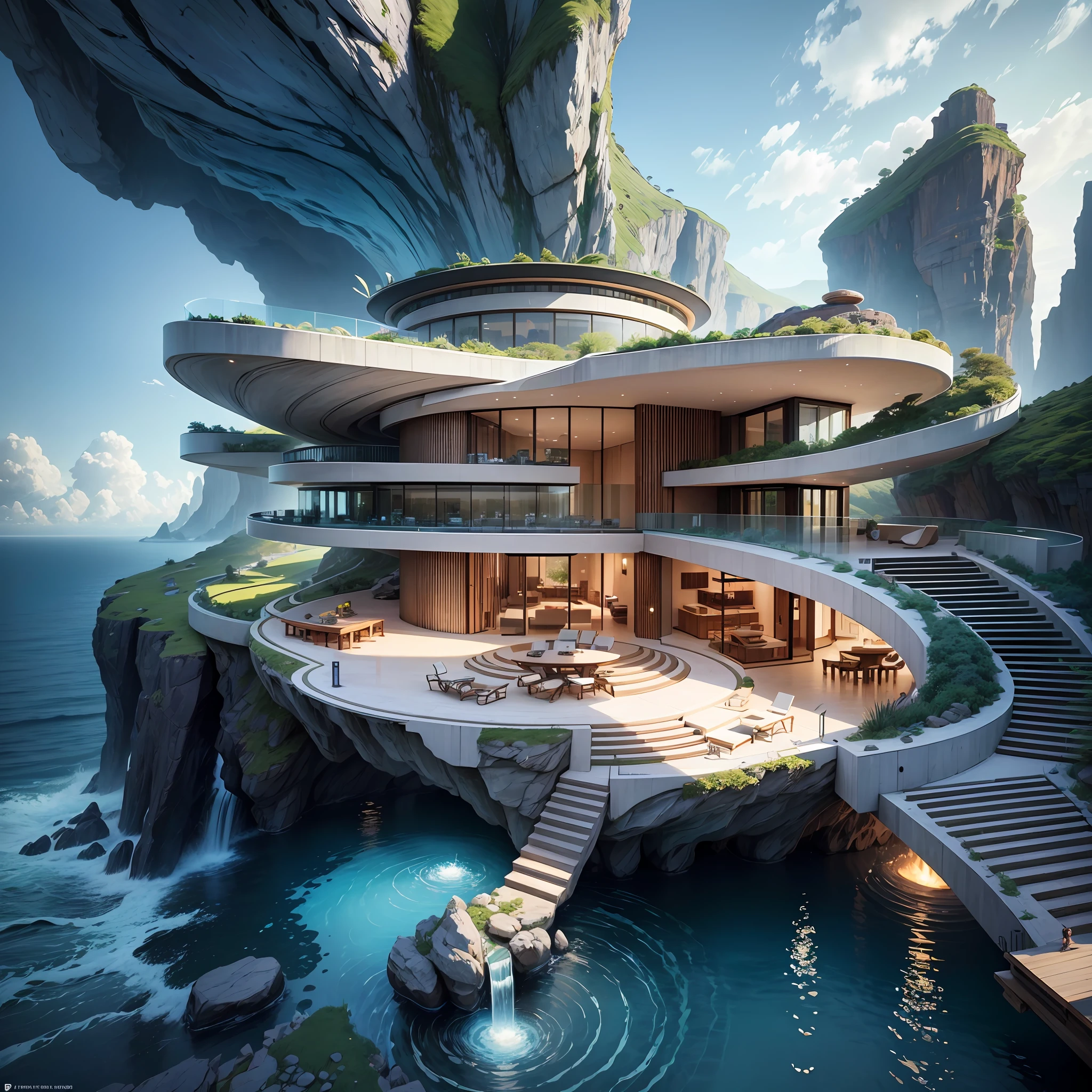 a modern futuristic design large cliff House's with a artificial waterfall and a pool in the middle, nature meets architecture, built around blue ocean, realistic beehive architecture, organic architecture, very close to real nature, breathtaking render, island with cave, stunning architecture, luxury architecture, realistic fantasy render, by Zha Shibiao, epic and stunning, architectural visualization, epic architecture, concept art. 8 k --auto --s2