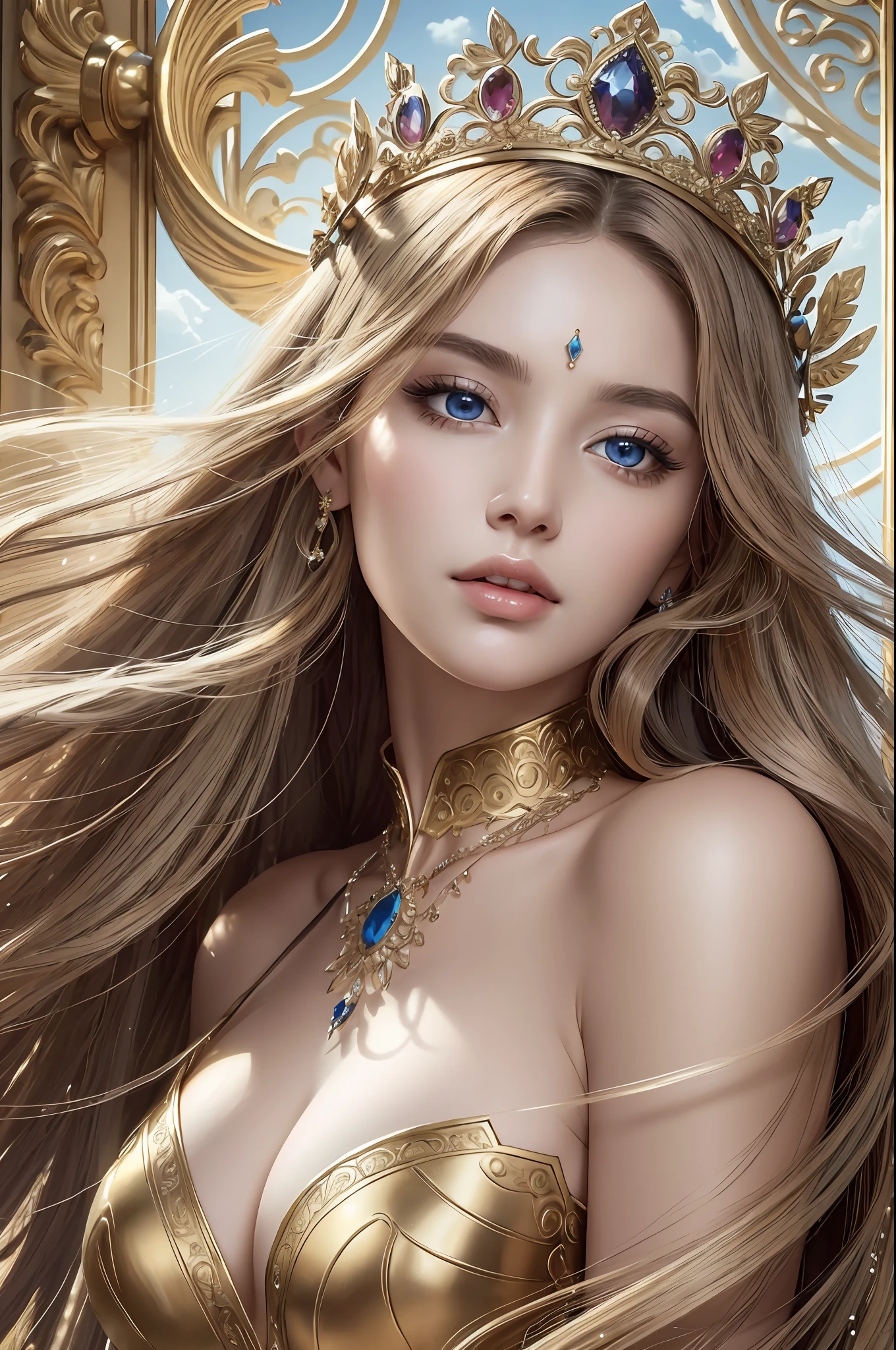 Absurd, ultra-detailed, high quality, masterpiece,  detailed face, beautiful eyes(detailed eyes), Greek mythology, Goddess, Hera , the queen of the gods, striking and captivating, features are classically beautiful, with high cheekbones, a perfectly proportioned face, eyes depicted as large and captivating, hold an intense gaze, golden hair , Gole hair is luxuriant and flowing, cascading down her back in waves , wearing elegant robes adorned with intricate patterns , Her beauty is not merely superficial but embodies the essence of power, authority, and regality.