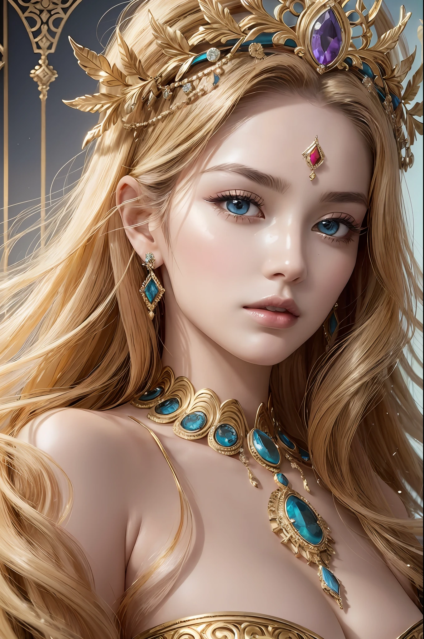 Absurd, ultra-detailed, high quality, masterpiece, detailed face, beautiful eyes(detailed eyes), Greek mythology, Goddess, Hera , the queen of the gods, striking and captivating, features are classically beautiful, with high cheekbones, a perfectly proportioned face, eyes depicted as large and captivating, hold an intense gaze, golden hair , Gole hair is luxuriant and flowing, cascading down her back in waves , wearing elegant robes adorned with intricate patterns , Her beauty is not merely superficial but embodies the essence of power, authority, and regality.