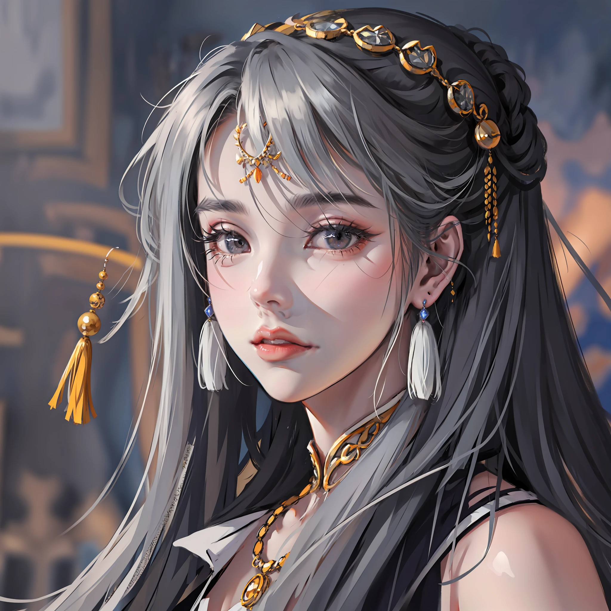 solo, jewelry, earrings, long hair, 1girl, looking at the audience, portrait, gray hair, blurred, black hair, closed mouth, chinese clothes, gray eyes, fringed earrings, realistic, lips, tassels, blurred background