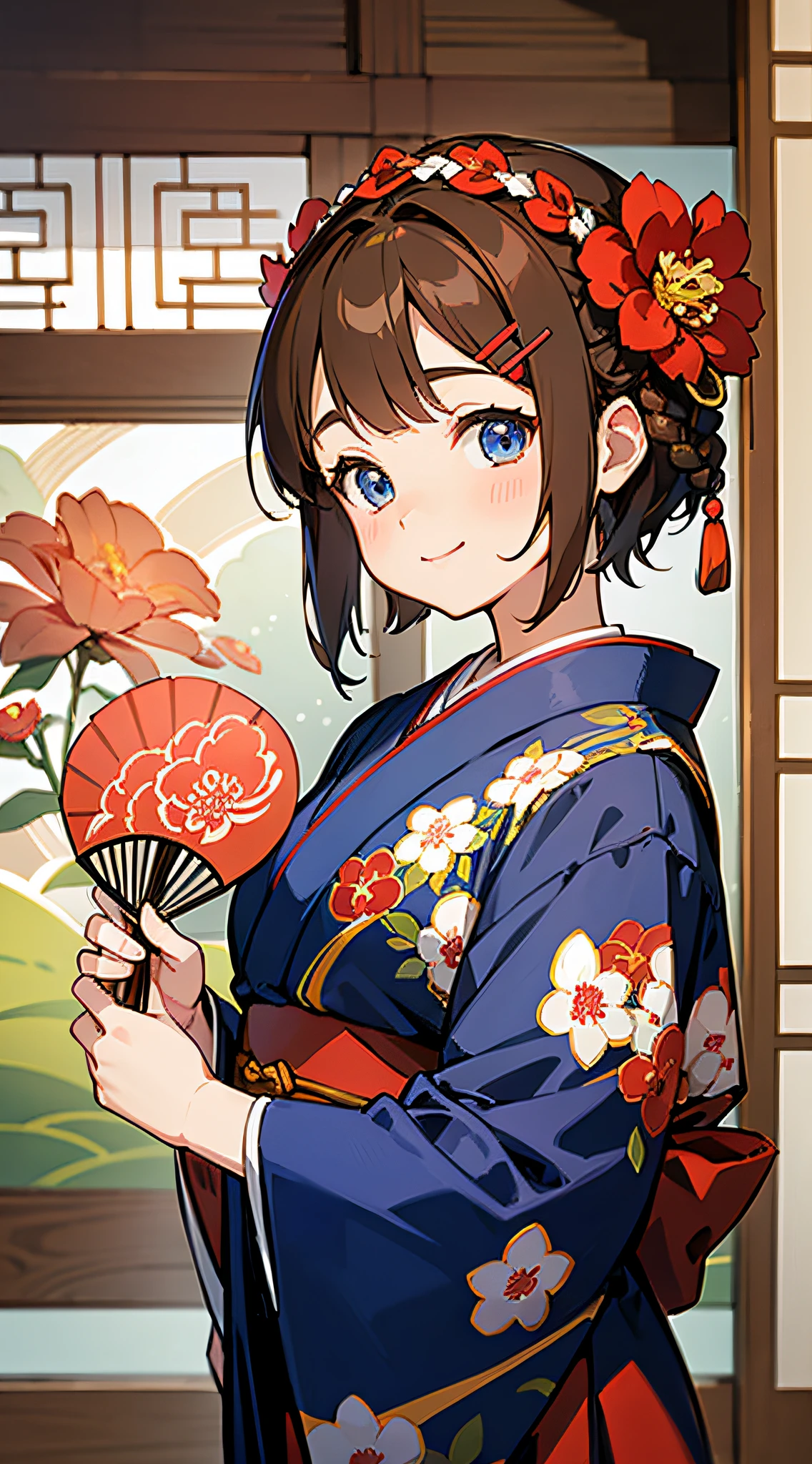 Masterpiece, super-high-resolution, cute girl, half-body, Chinese ancient style, short brown hair, red kimono, flowing short hair, braids, flower embellishments, blue eyes, hairpins, cute little li, cute cute cute, thick painting, gentle smile, holding a fan