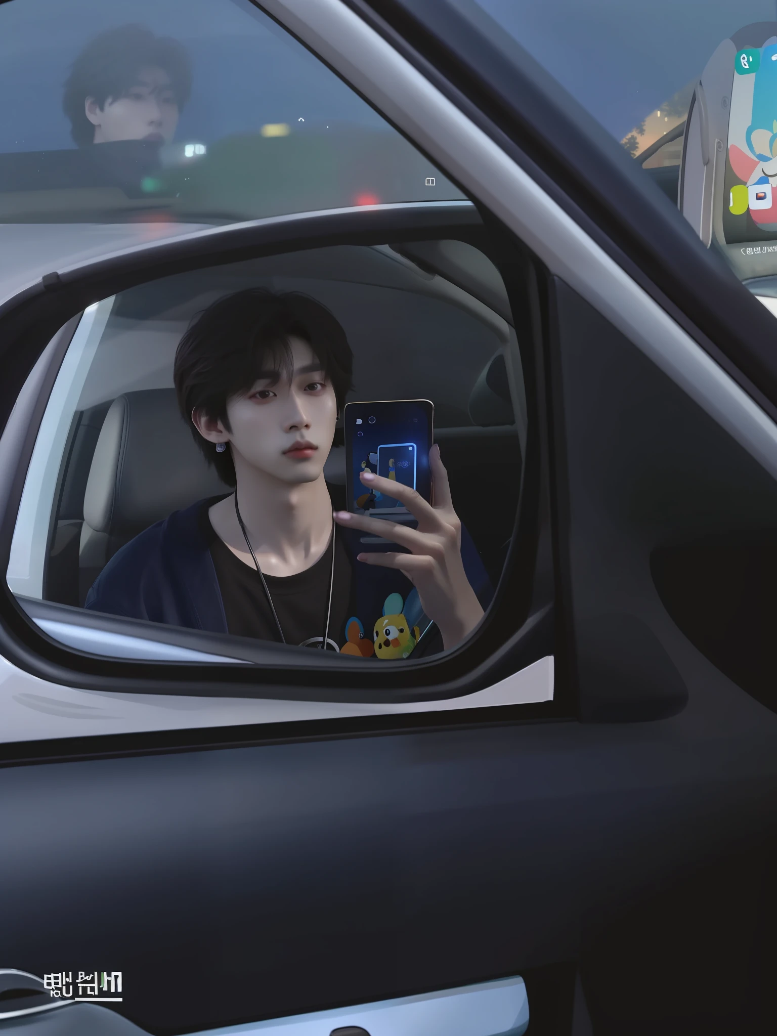 araffe taking a selfie in the rear view mirror of a car, cai xukun, male ulzzang, mirror selfie, jung jaehyun, taejune kim, reflection of phone in visor, inside mirror, looking at his phone, 8k selfie photograph, mirrors everywhere, hyung tae, cell phone photo, looking in the mirror, inspired by Bian Shoumin