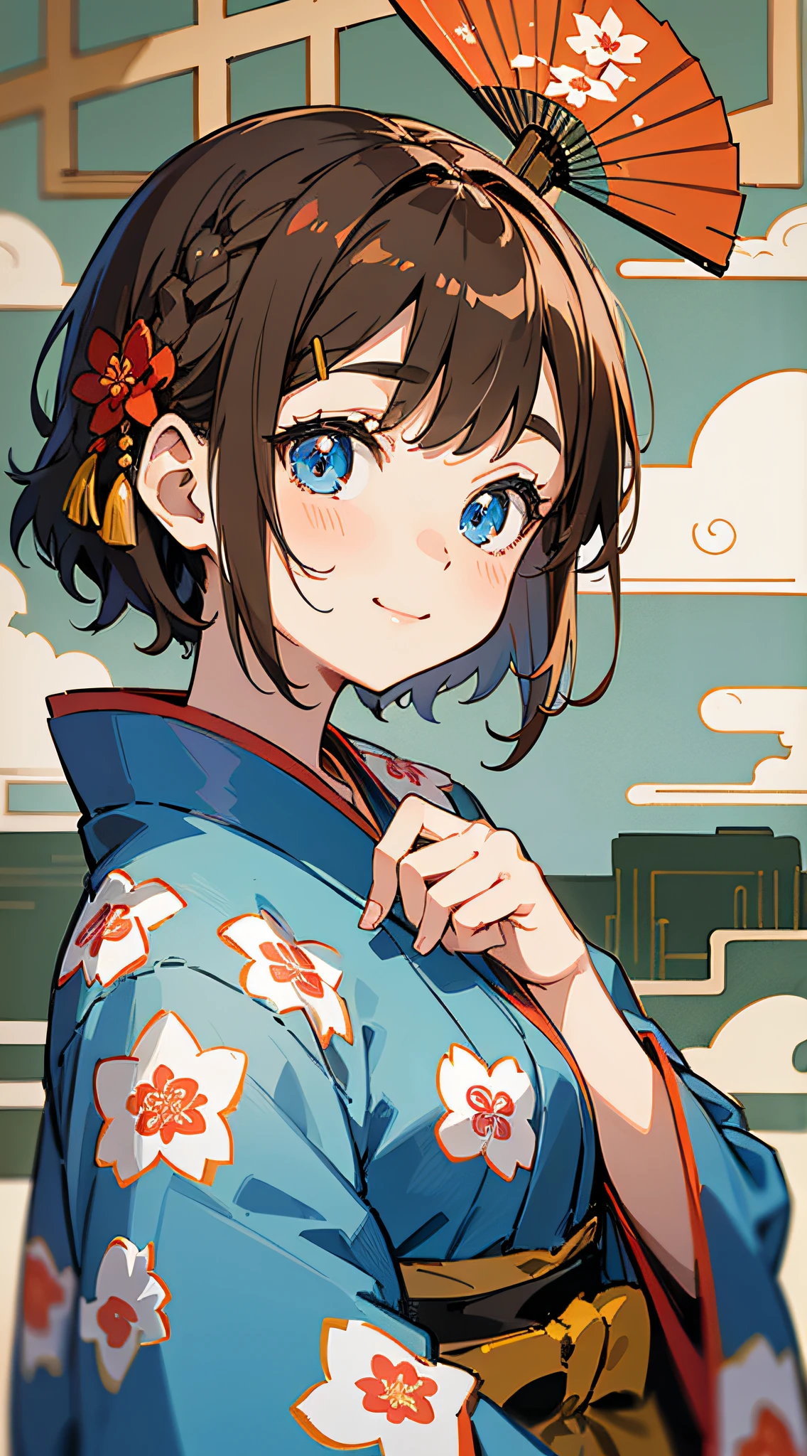 Masterpiece, super-high-resolution, cute girl, half-body, Chinese ancient style, short brown hair, red kimono, flowing short hair, braids, flower embellishments, blue eyes, hairpins, cute little loli, cute cute cute, thick painting, gentle smile, holding a fan